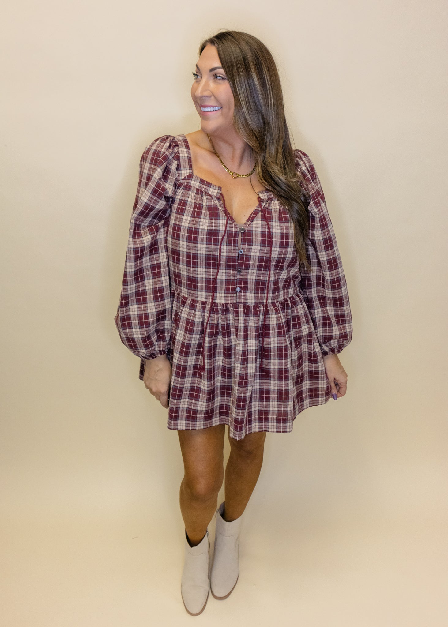 Burgundy Plaid Long Sleeve Dress