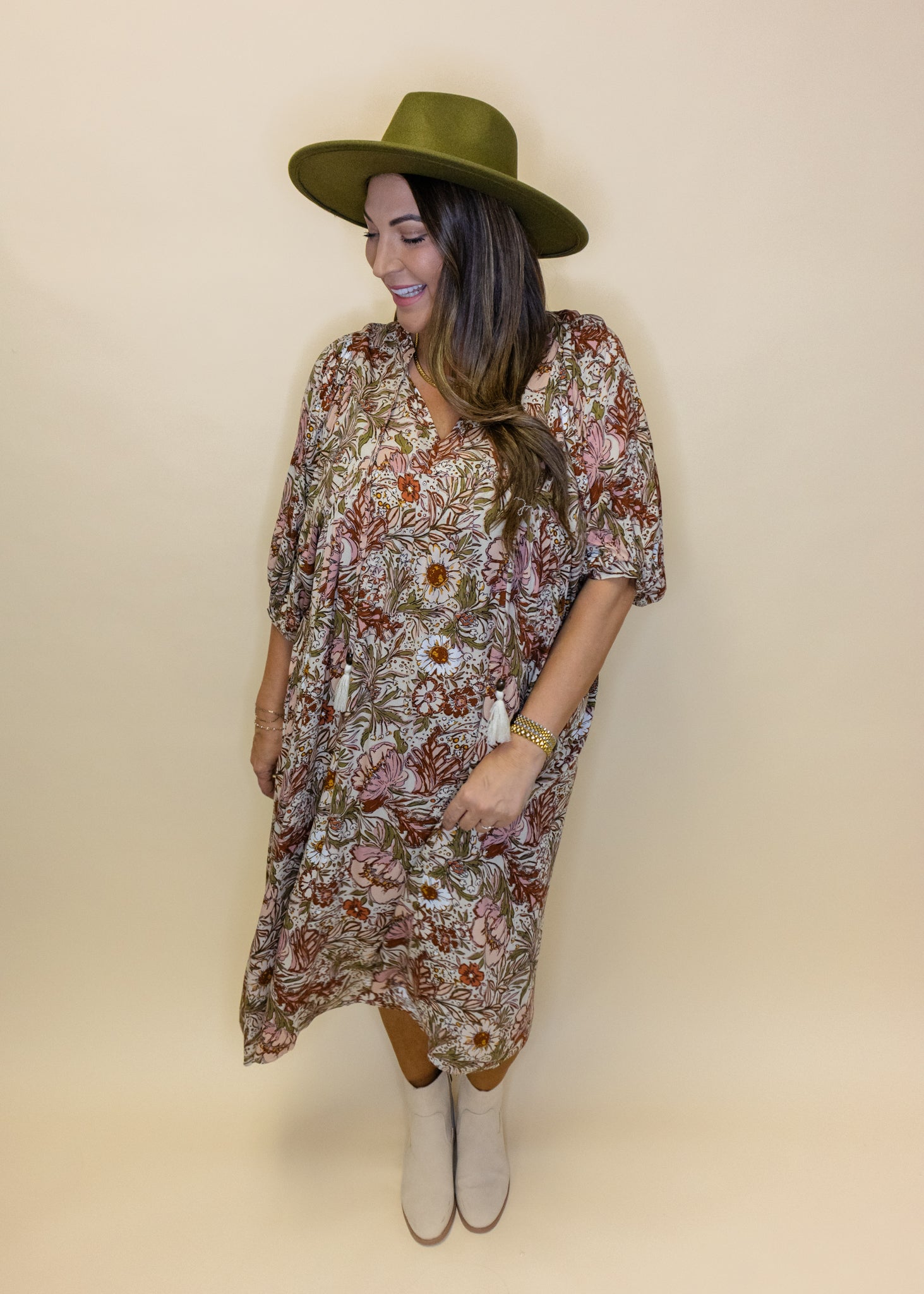 Brown Floral Tassel Midi Dress