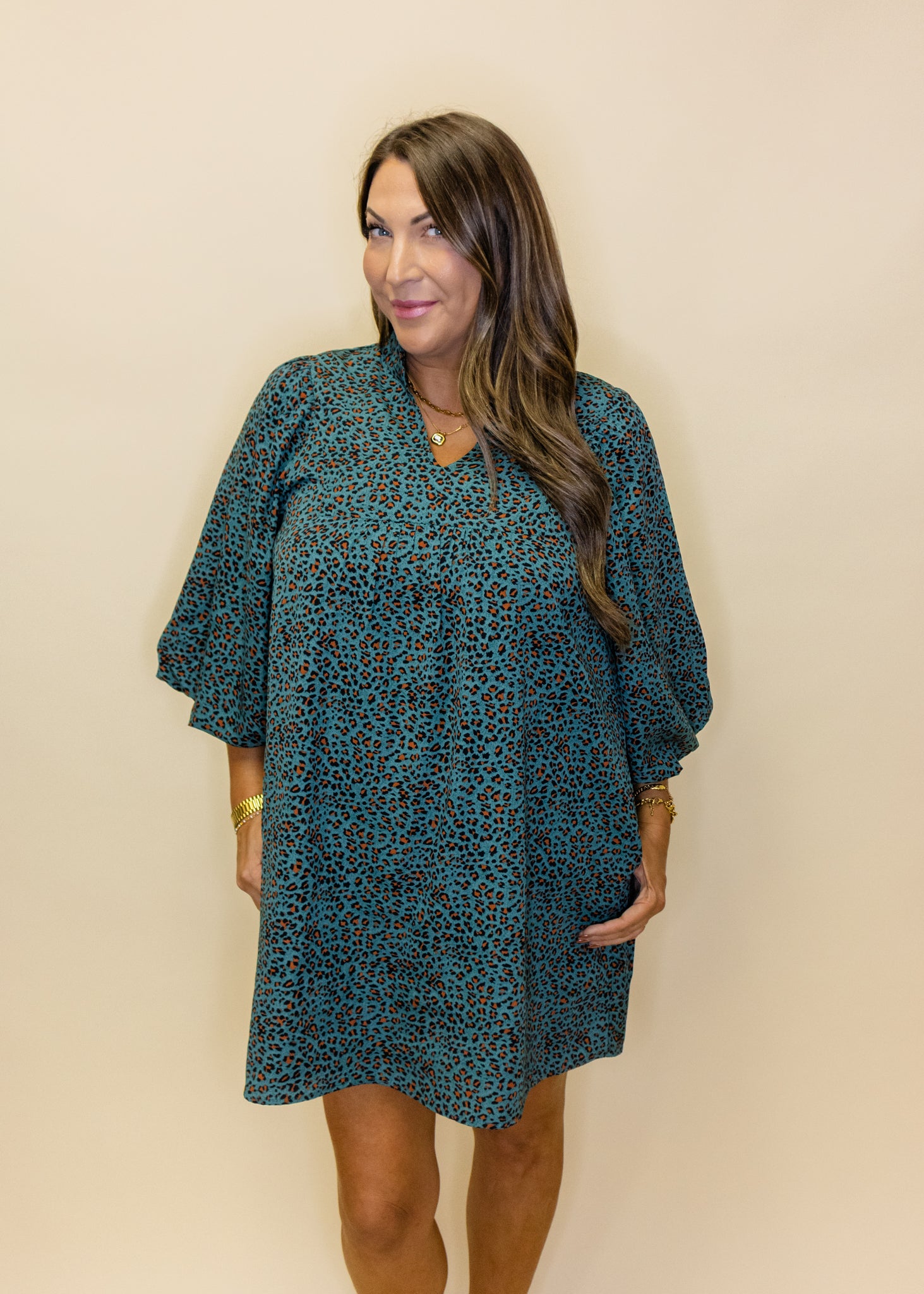 Teal Leopard 3/4 Sleeve Dress