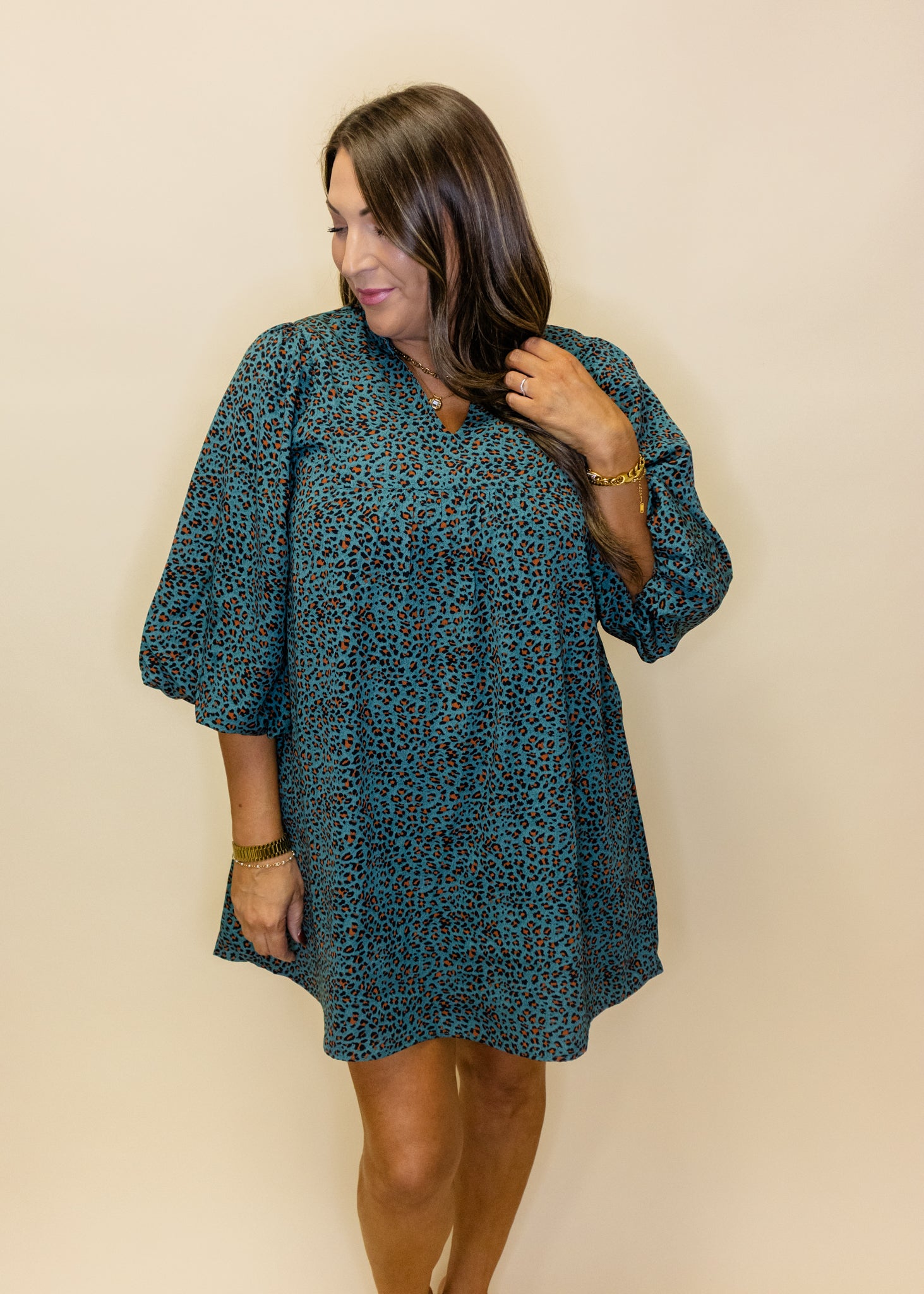 Teal Leopard 3/4 Sleeve Dress