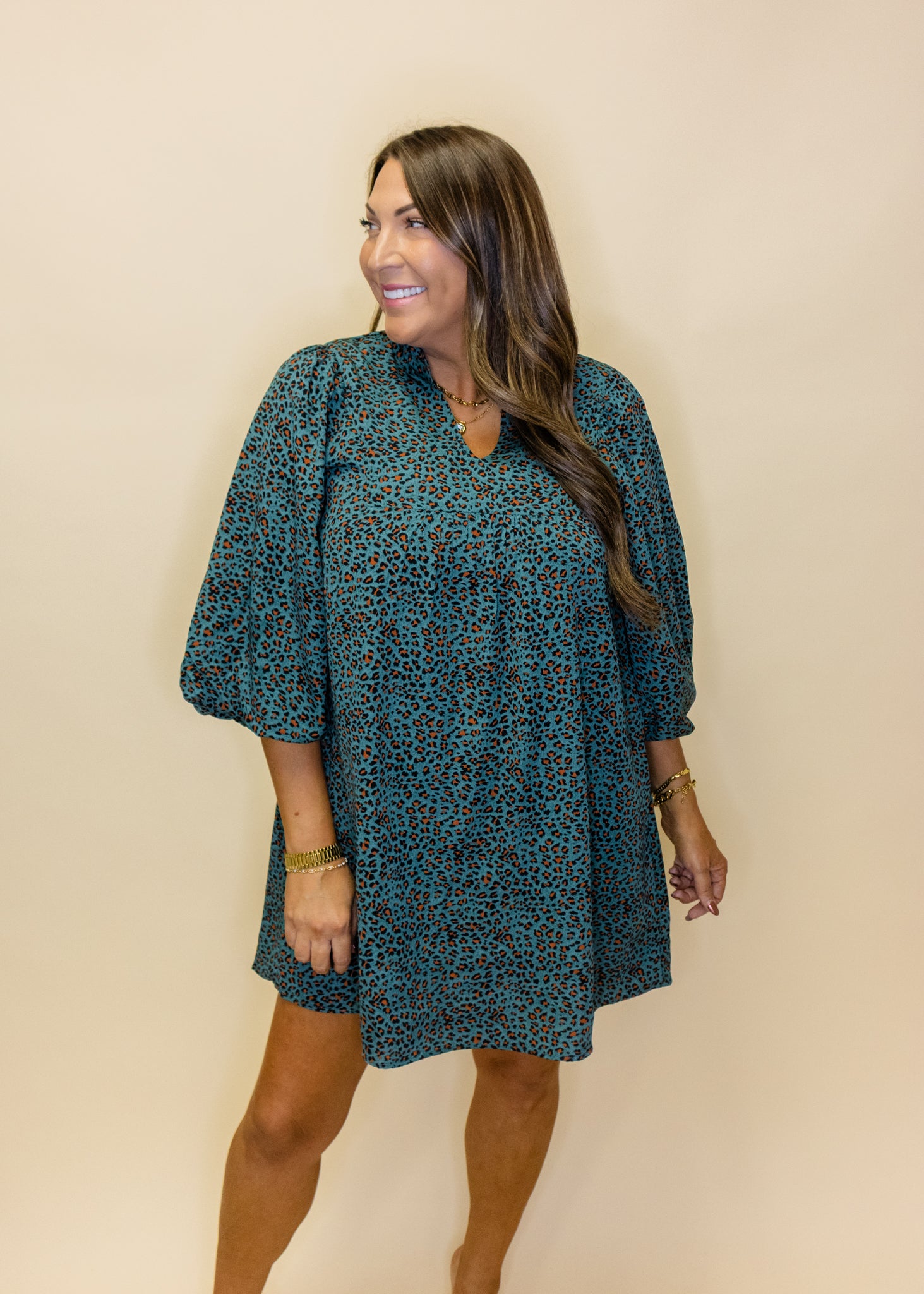 Teal Leopard 3/4 Sleeve Dress