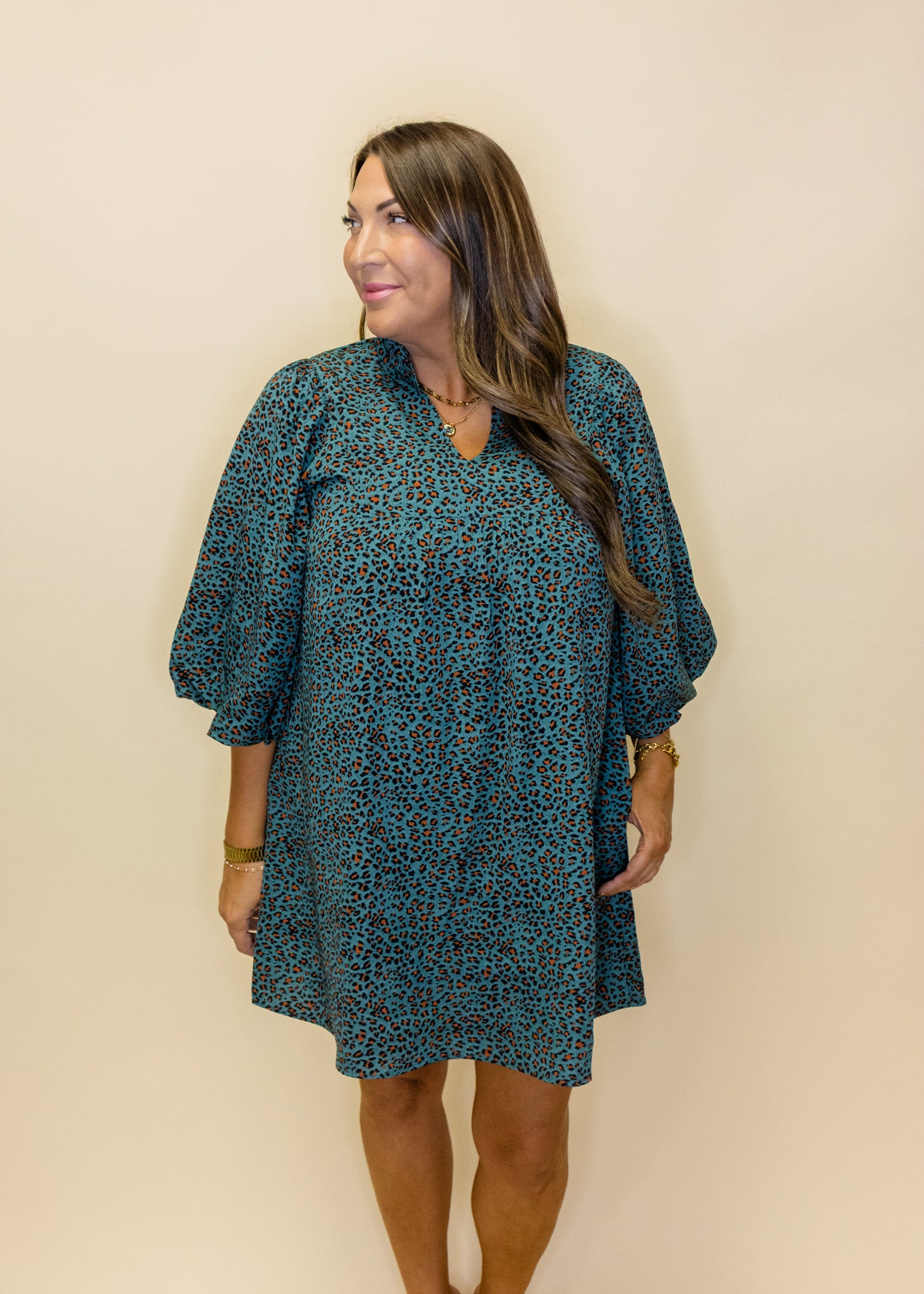 Teal Leopard 3/4 Sleeve Dress