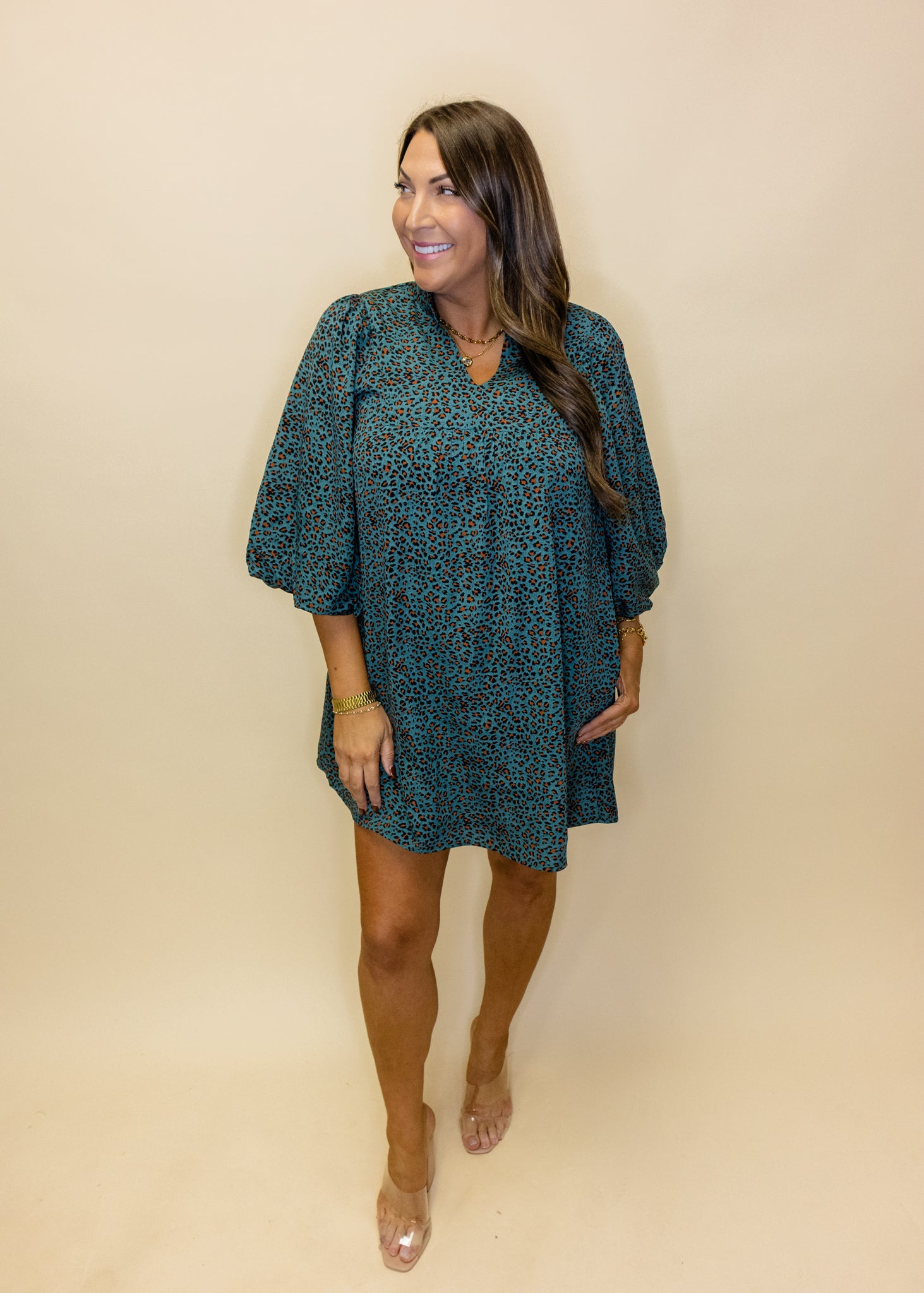Teal Leopard 3/4 Sleeve Dress