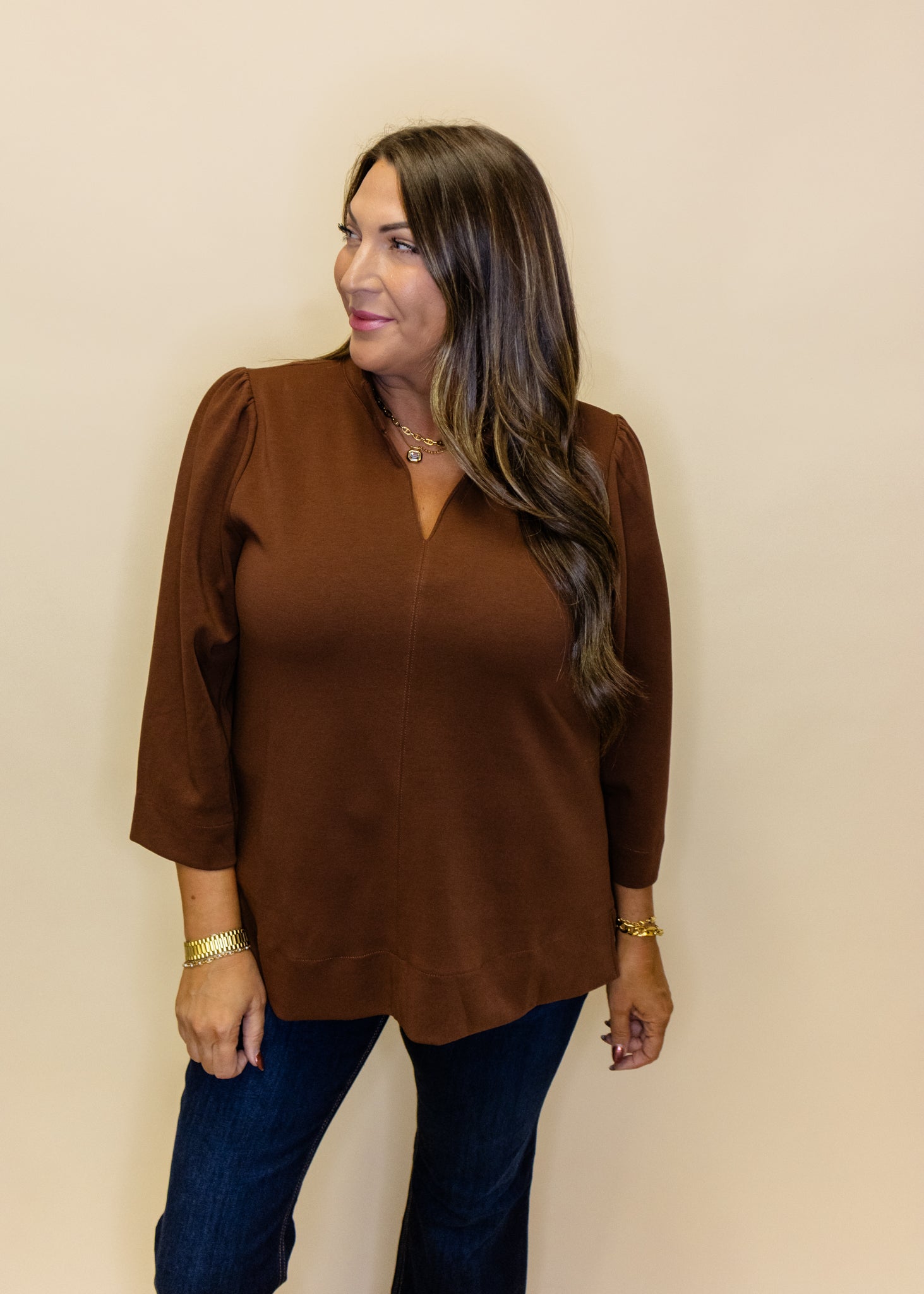 Brown Standing Collar Top