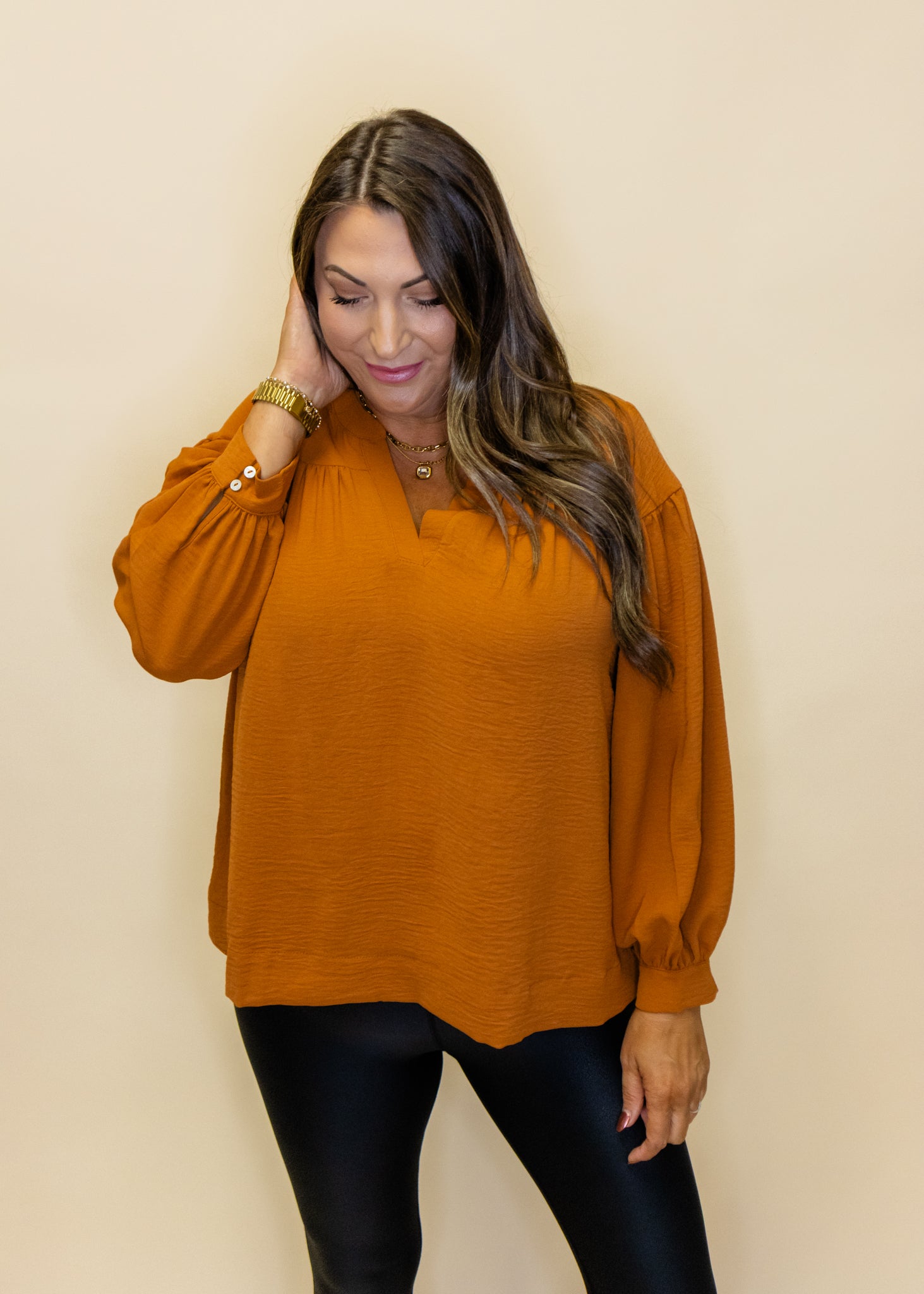 Toffee Pleat Long Sleeve Top