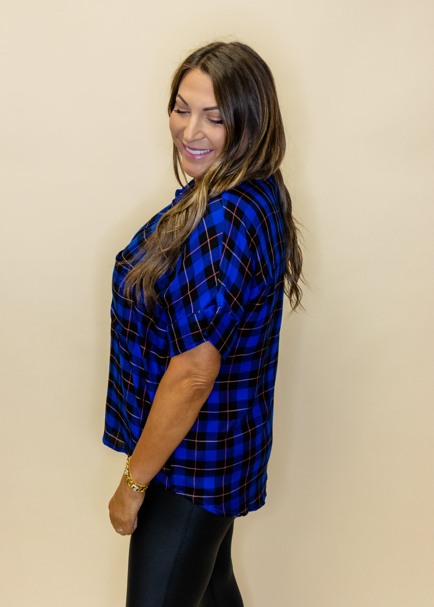 Blue Plaid Button Up Top