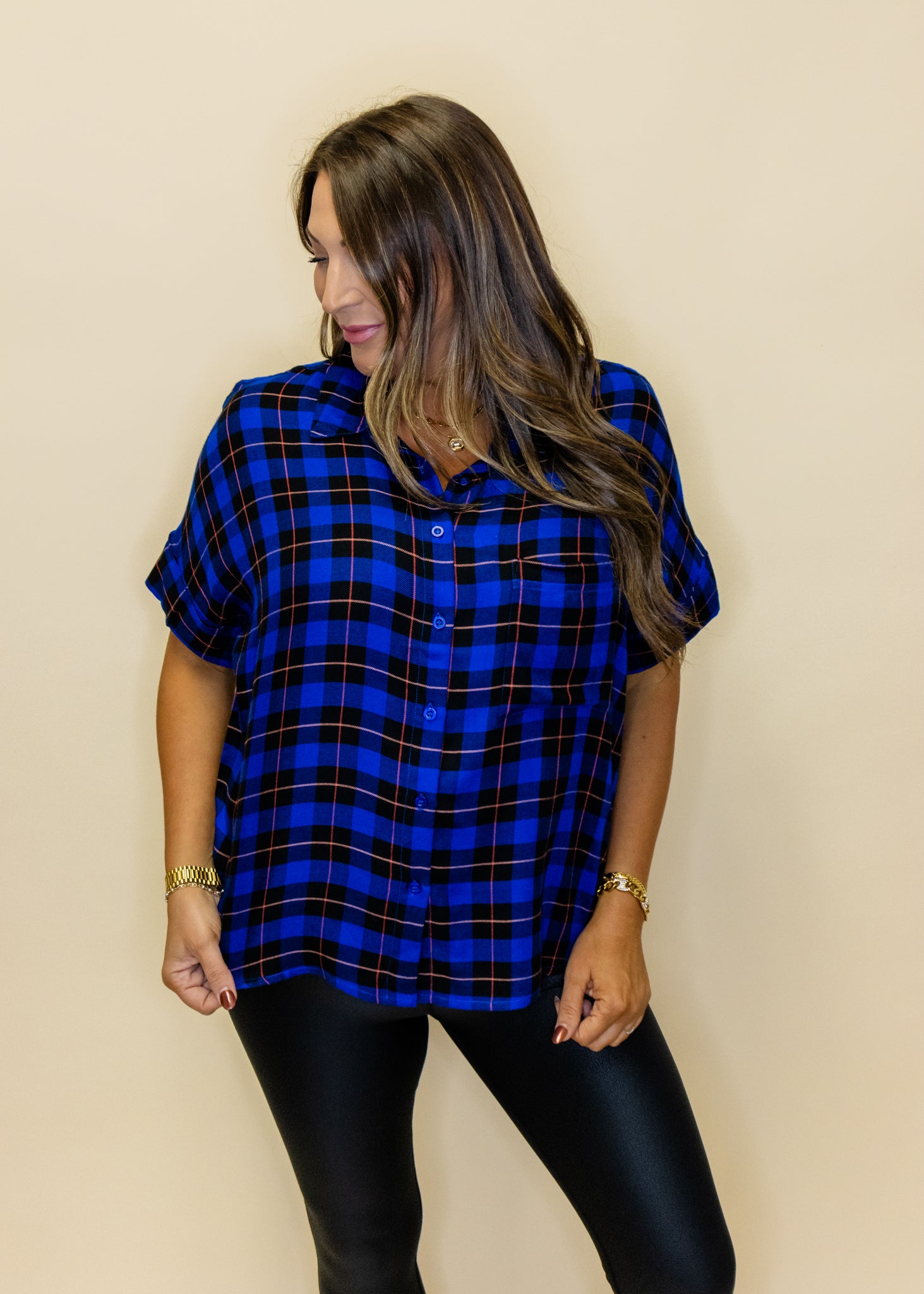 Blue Plaid Button Up Top
