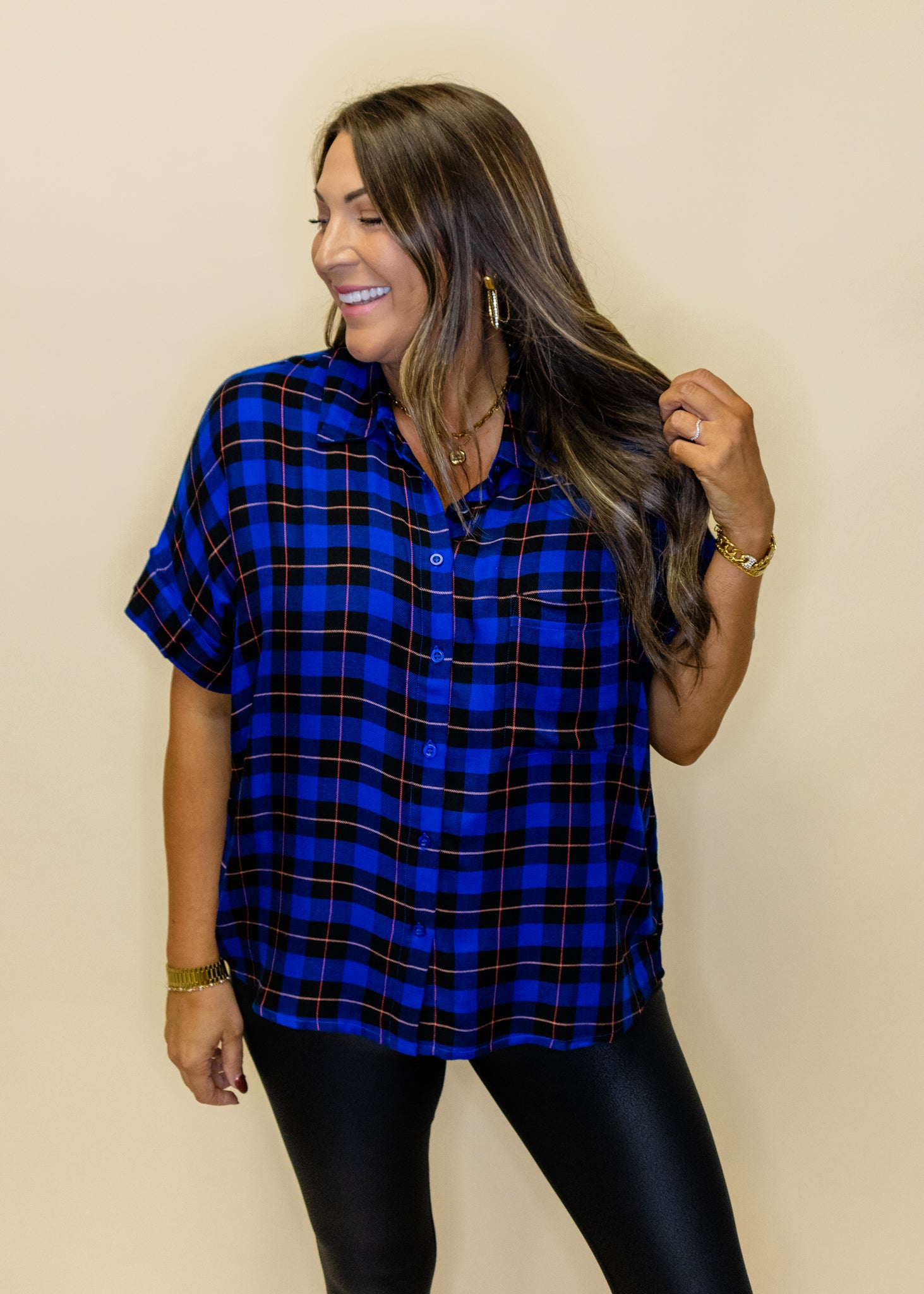 Blue Plaid Button Up Top