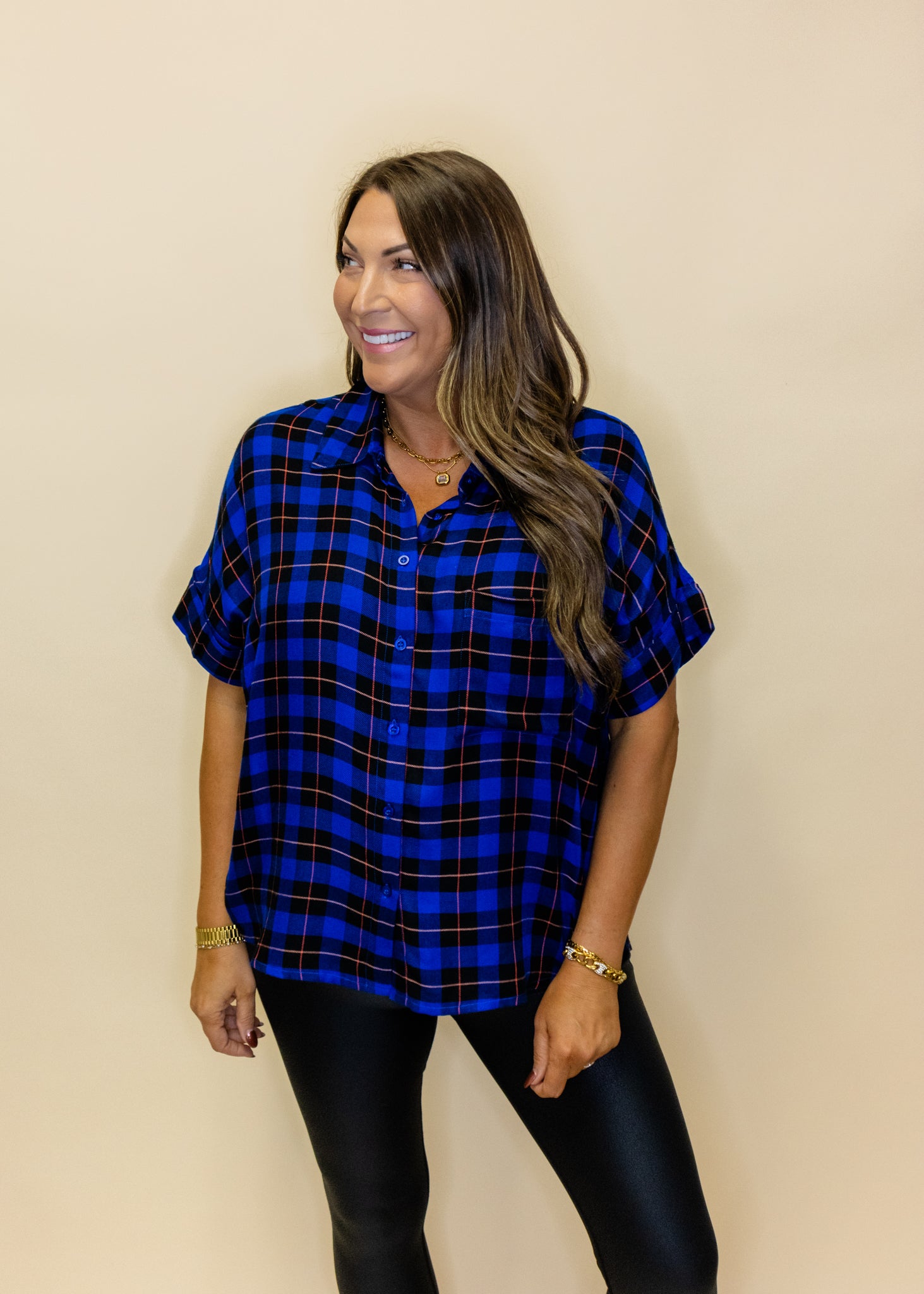 Blue Plaid Button Up Top