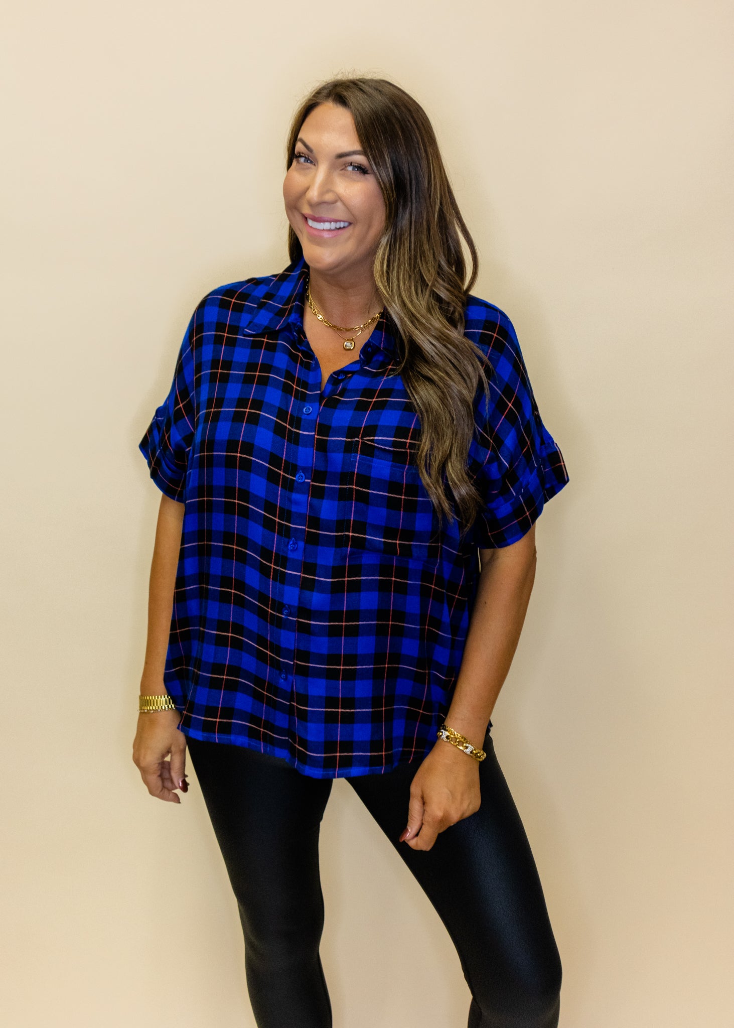 Blue Plaid Button Up Top