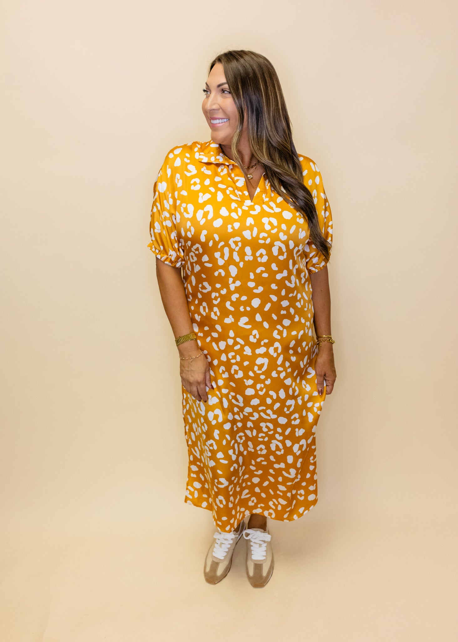 Blakely Gold Leopard Midi Dress