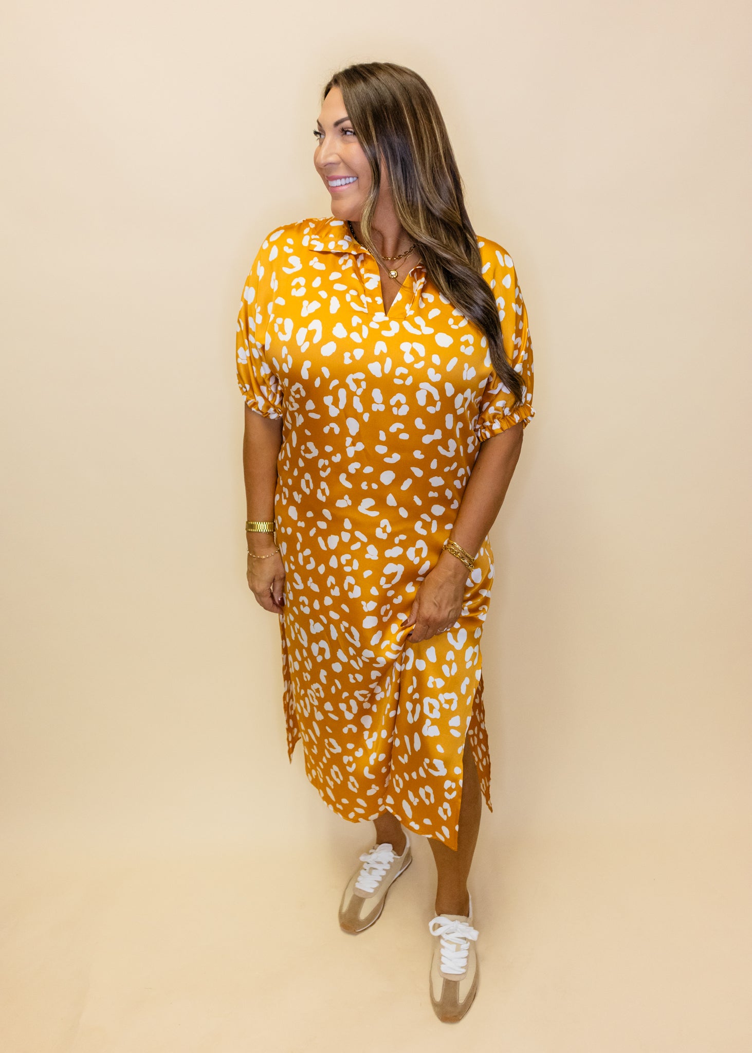 Blakely Gold Leopard Midi Dress