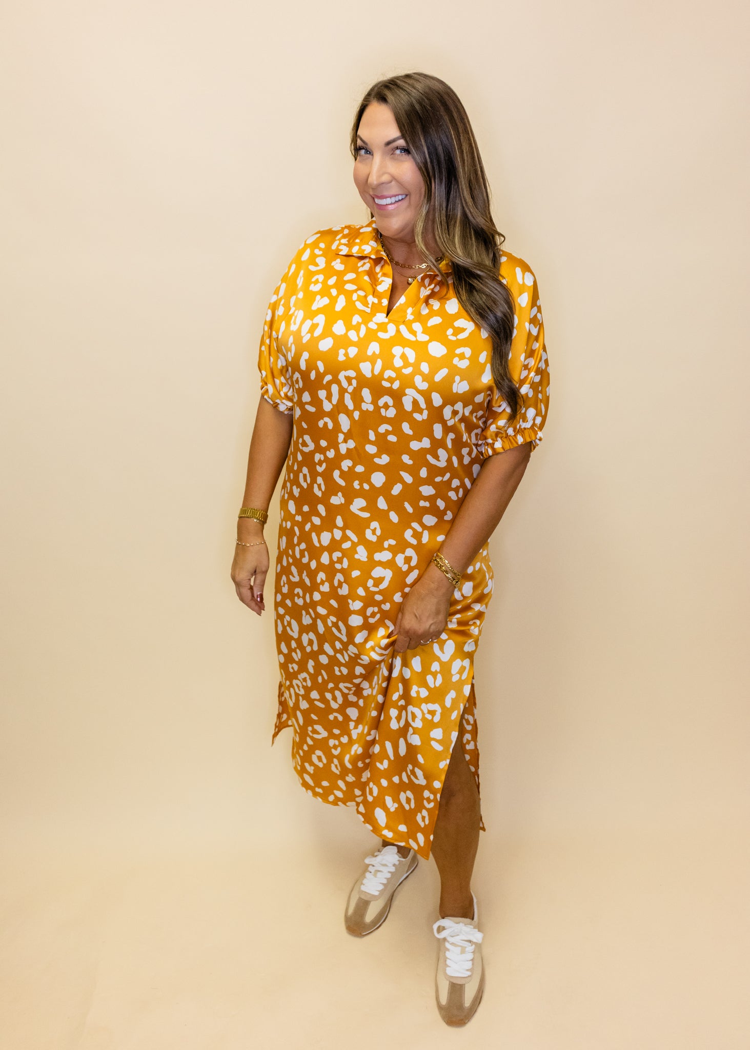 Blakely Gold Leopard Midi Dress