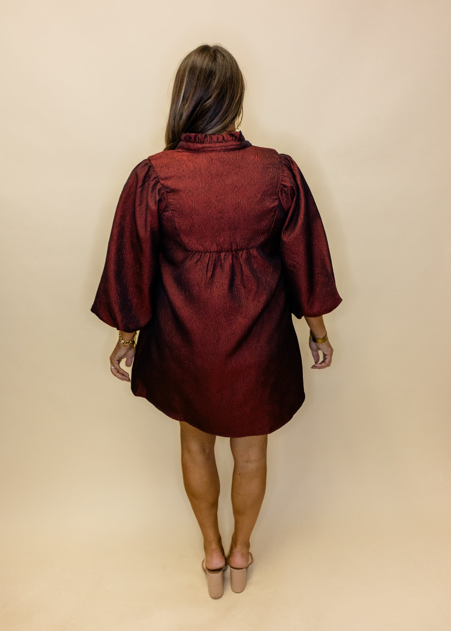 Burgundy Balloon Jacquard Dress