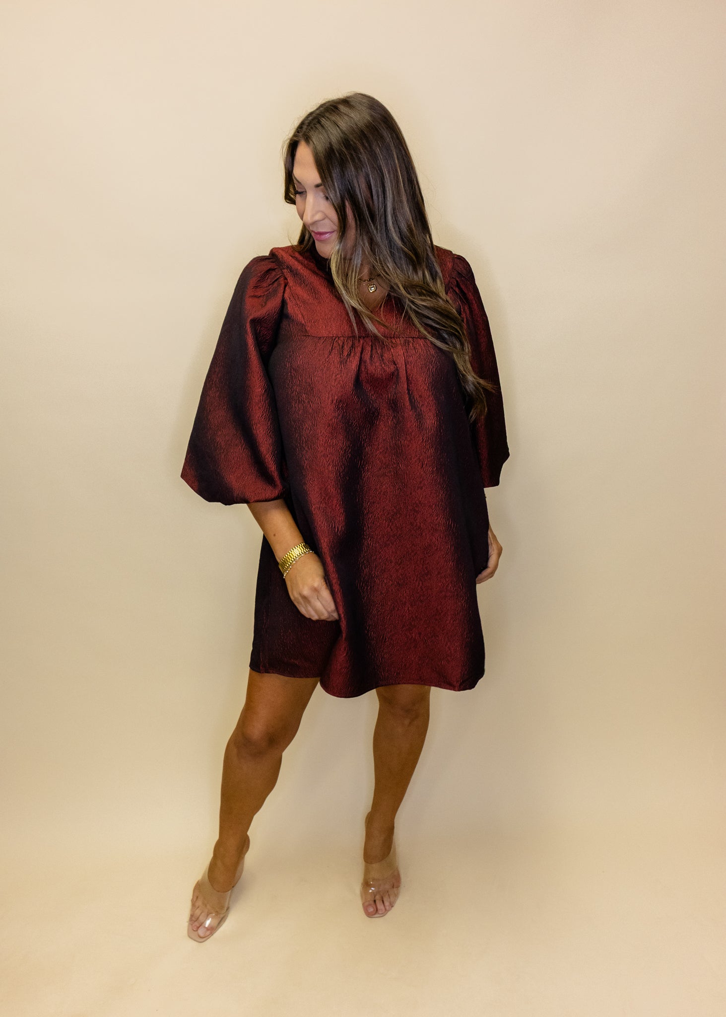 Burgundy Balloon Jacquard Dress