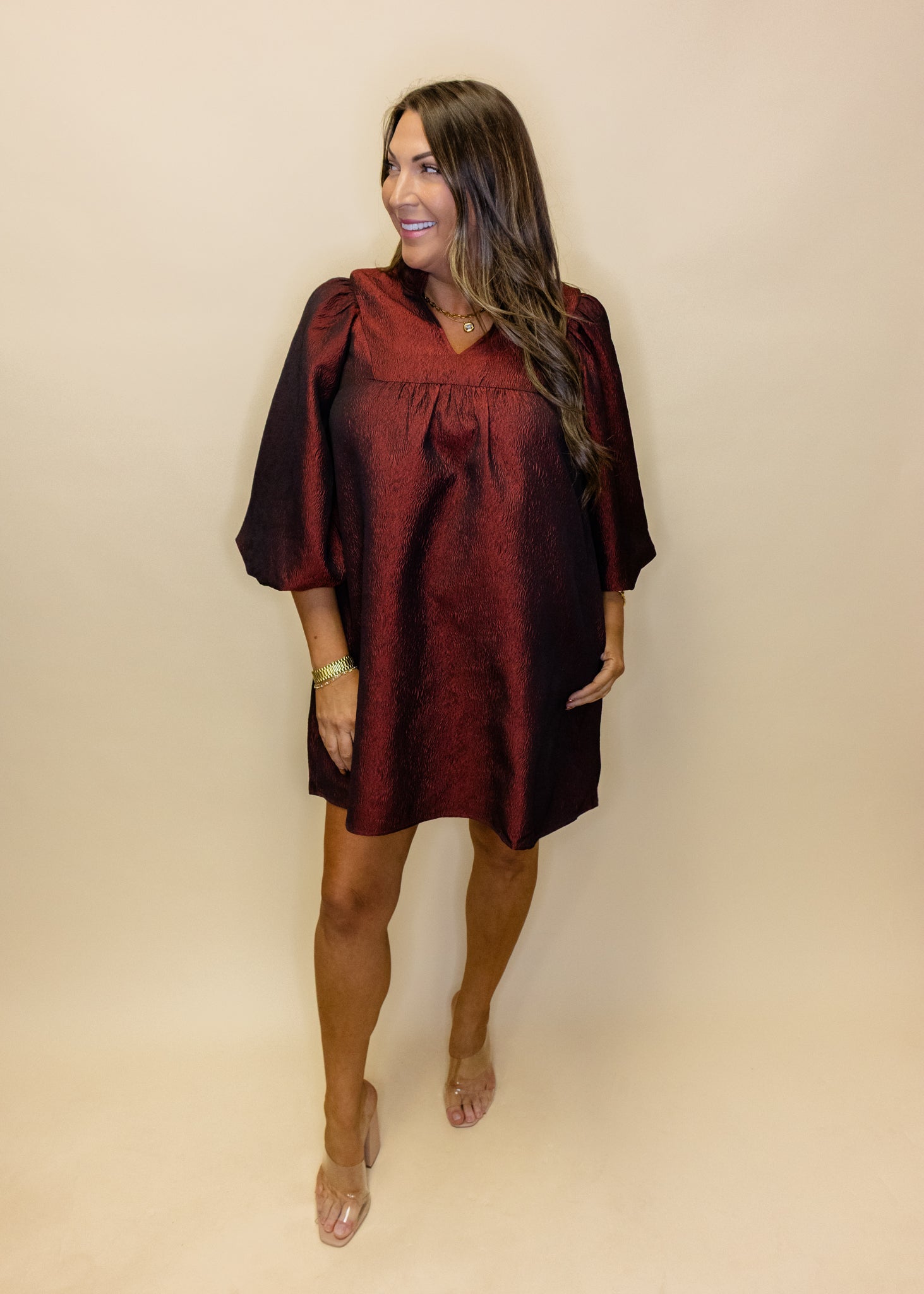 Burgundy Balloon Jacquard Dress