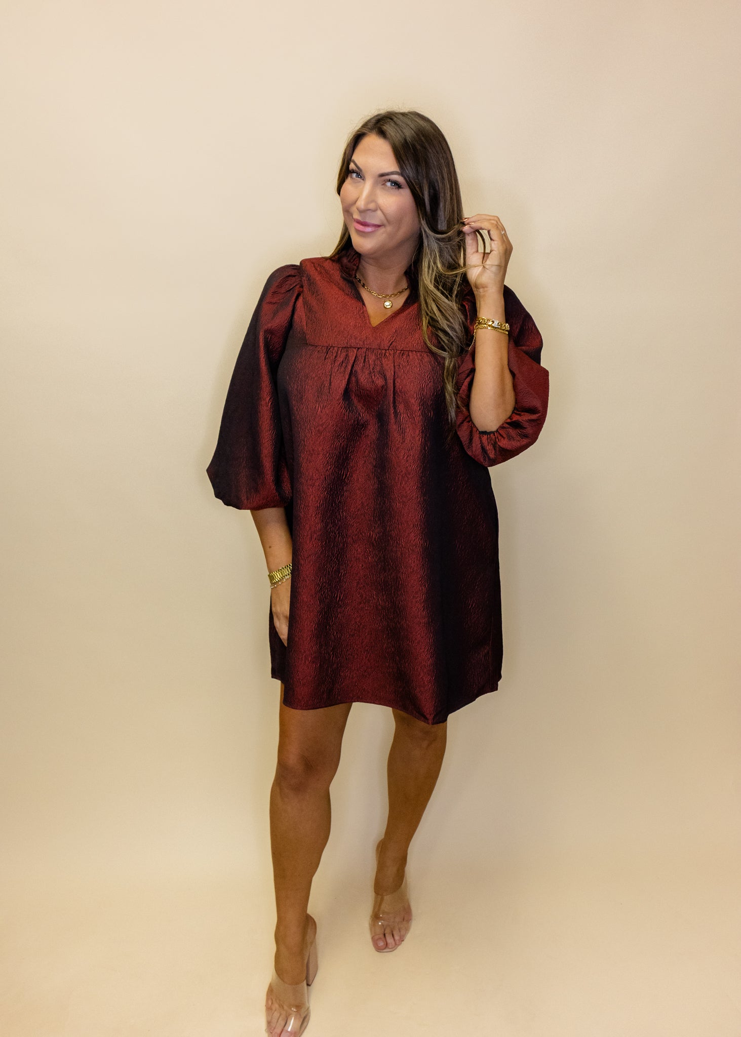 Burgundy Balloon Jacquard Dress