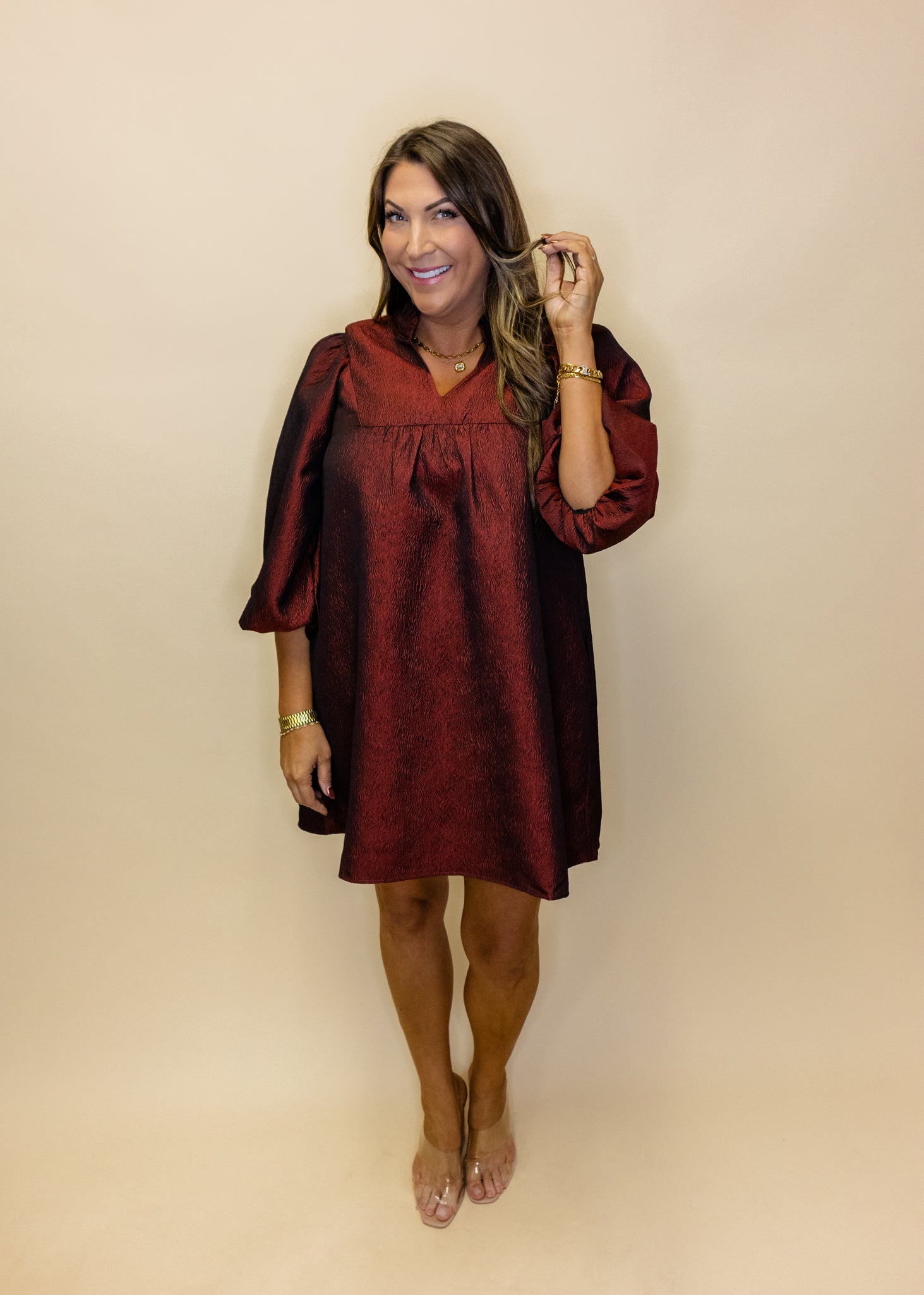 Burgundy Balloon Jacquard Dress