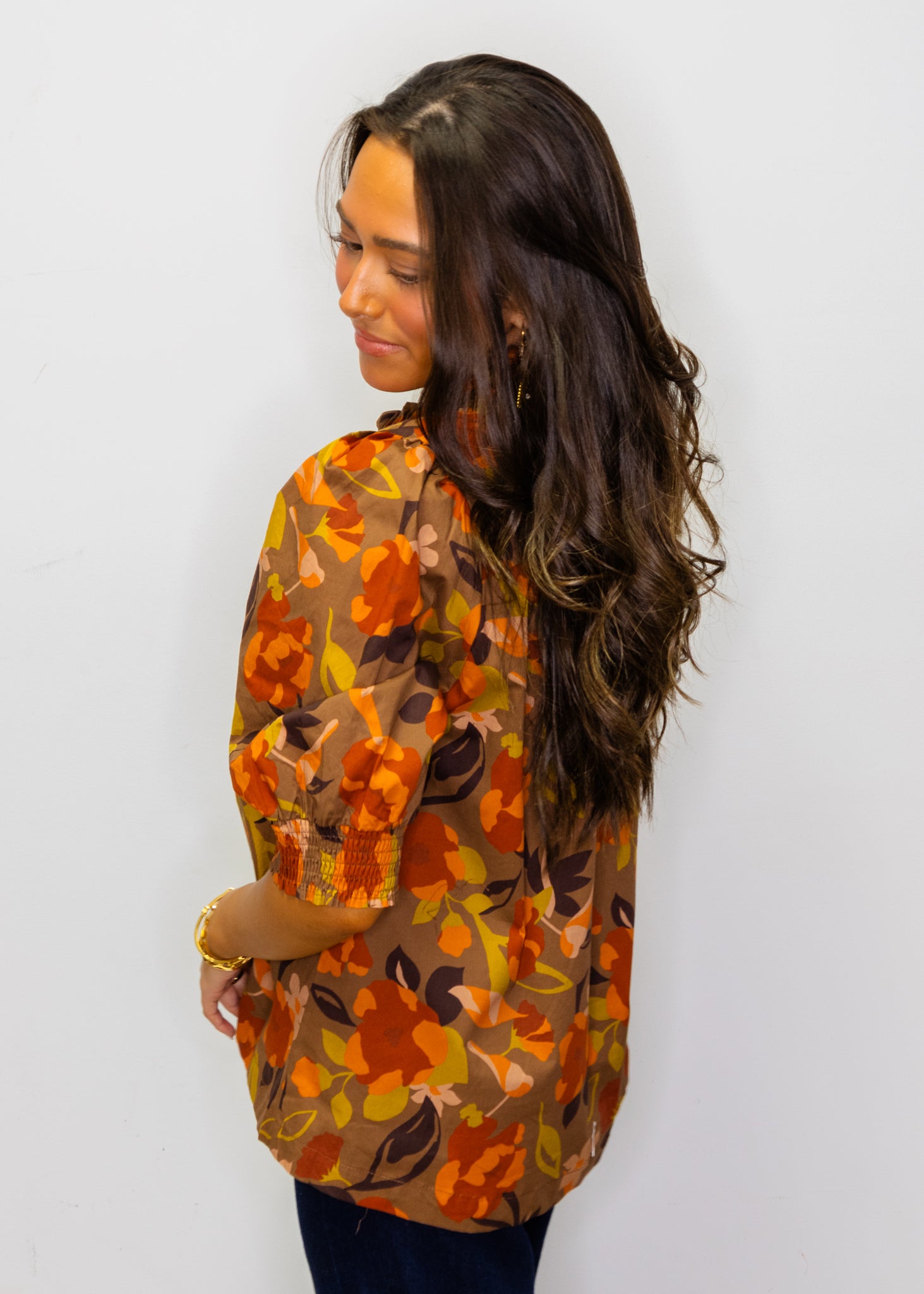 Brown Abstract Floral Print Blouse