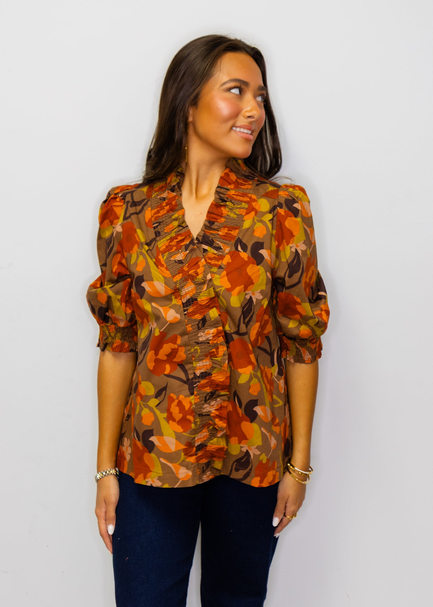 Brown Abstract Floral Print Blouse