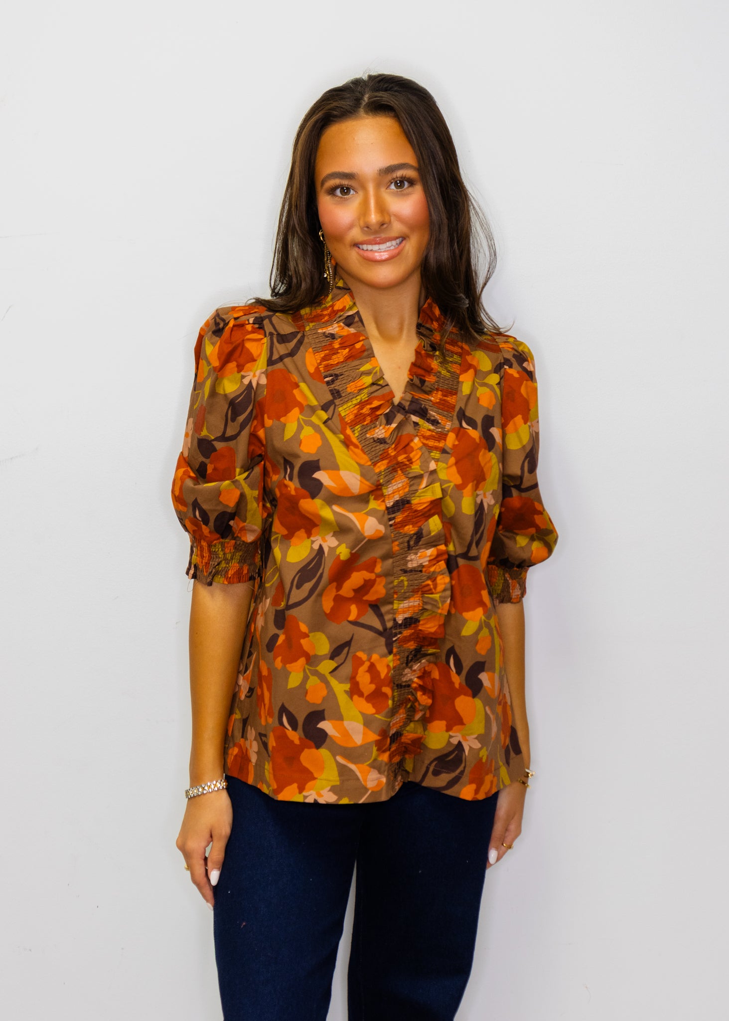 Brown Abstract Floral Print Blouse
