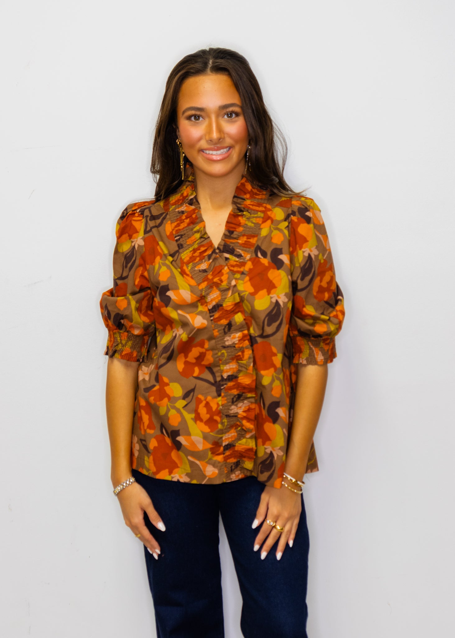 Brown Abstract Floral Print Blouse
