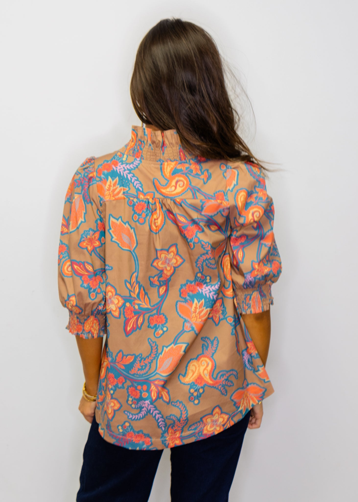 Mocha Ruffled Paisley V-Neck Blouse