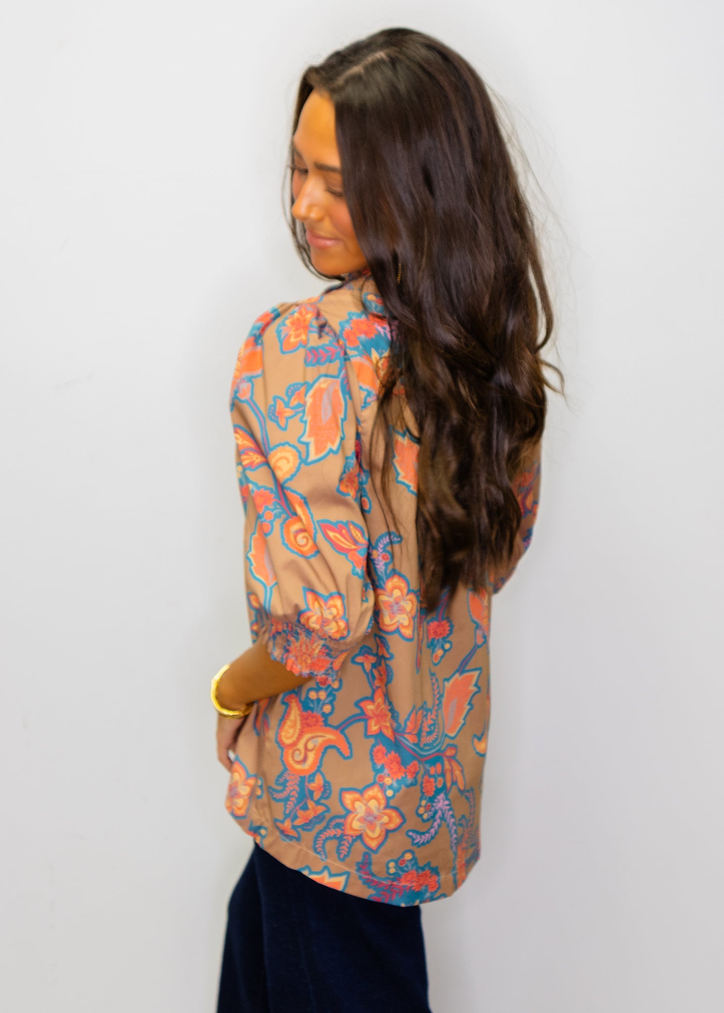 Mocha Ruffled Paisley V-Neck Blouse