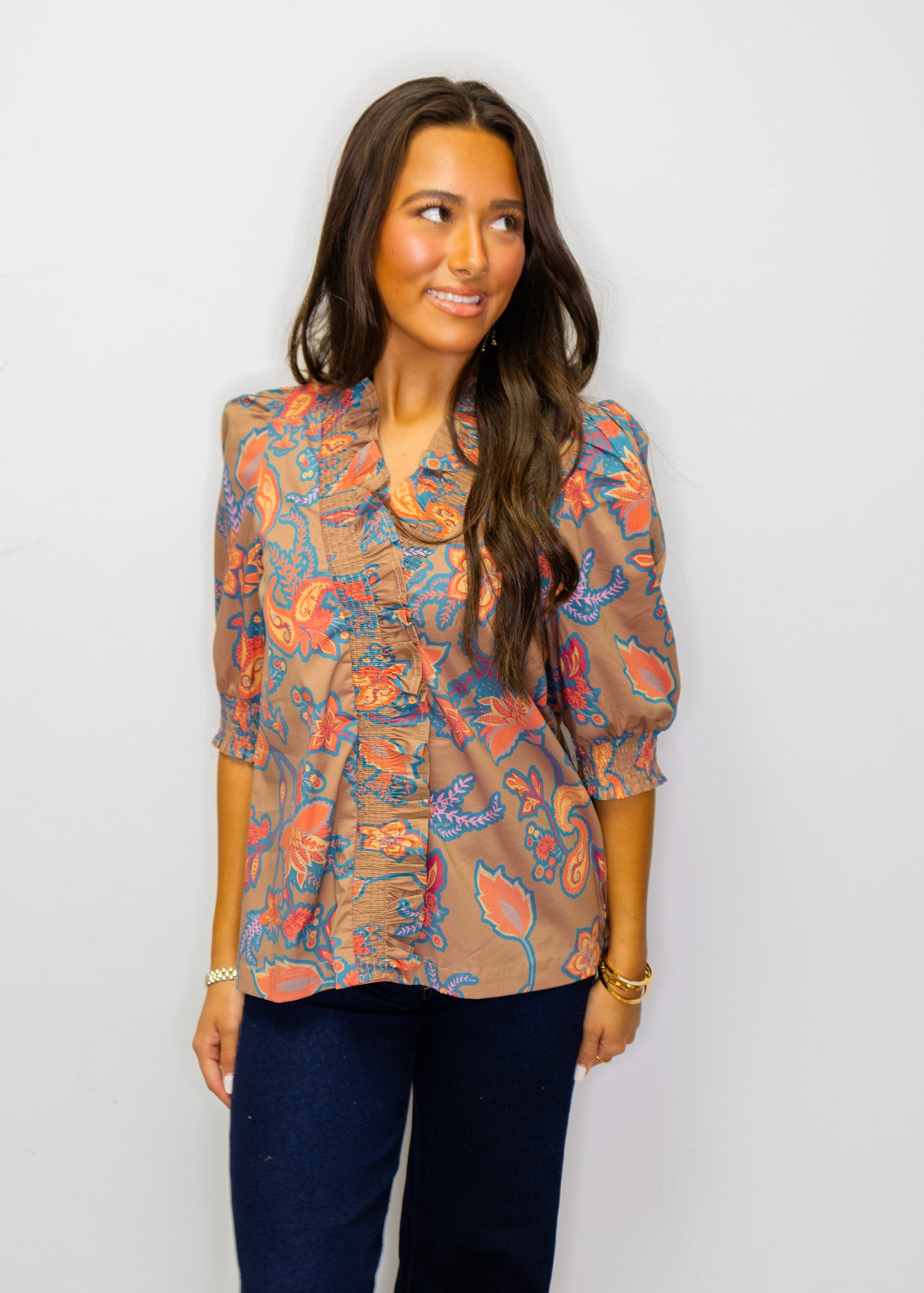 Mocha Ruffled Paisley V-Neck Blouse