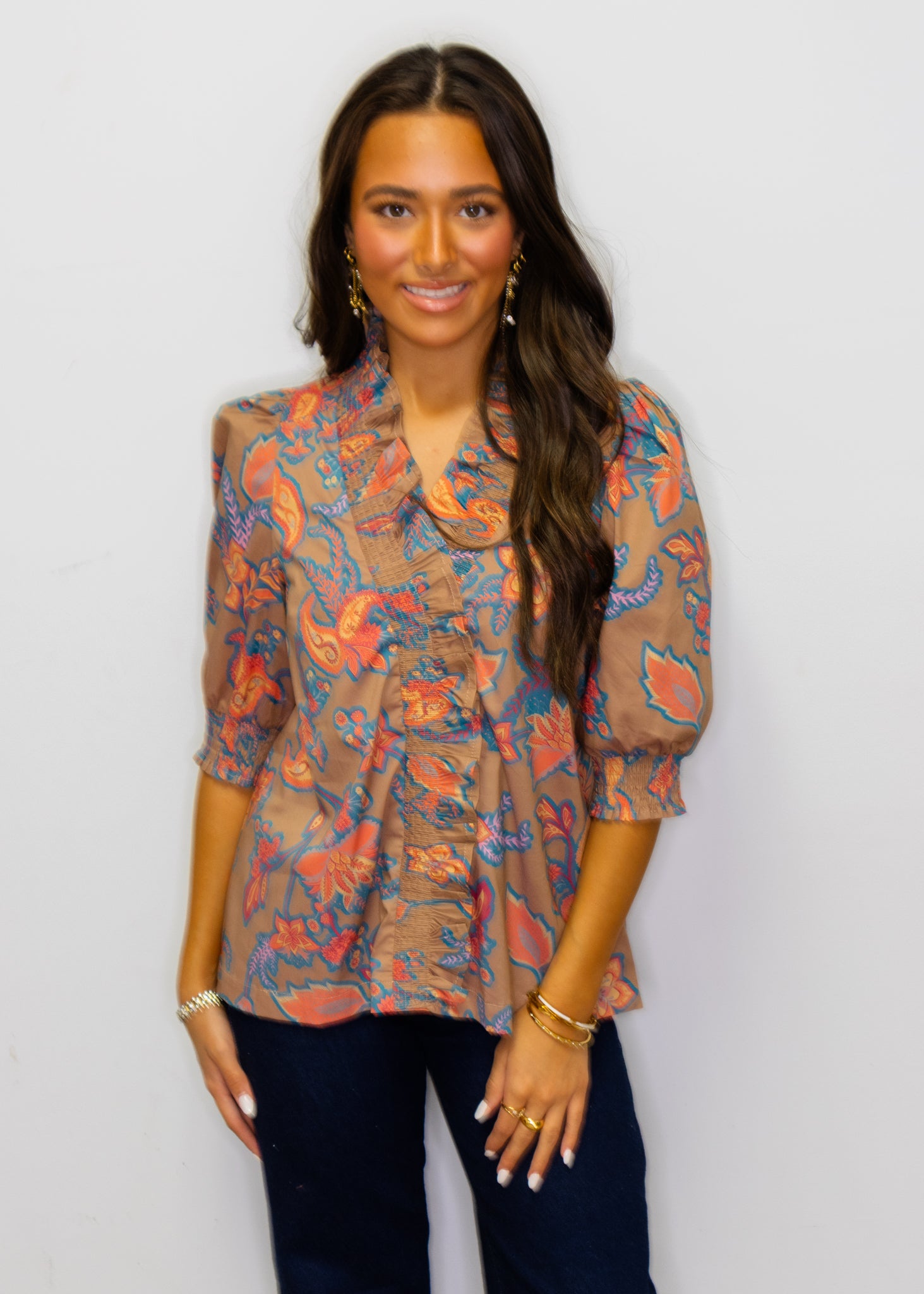 Mocha Ruffled Paisley V-Neck Blouse