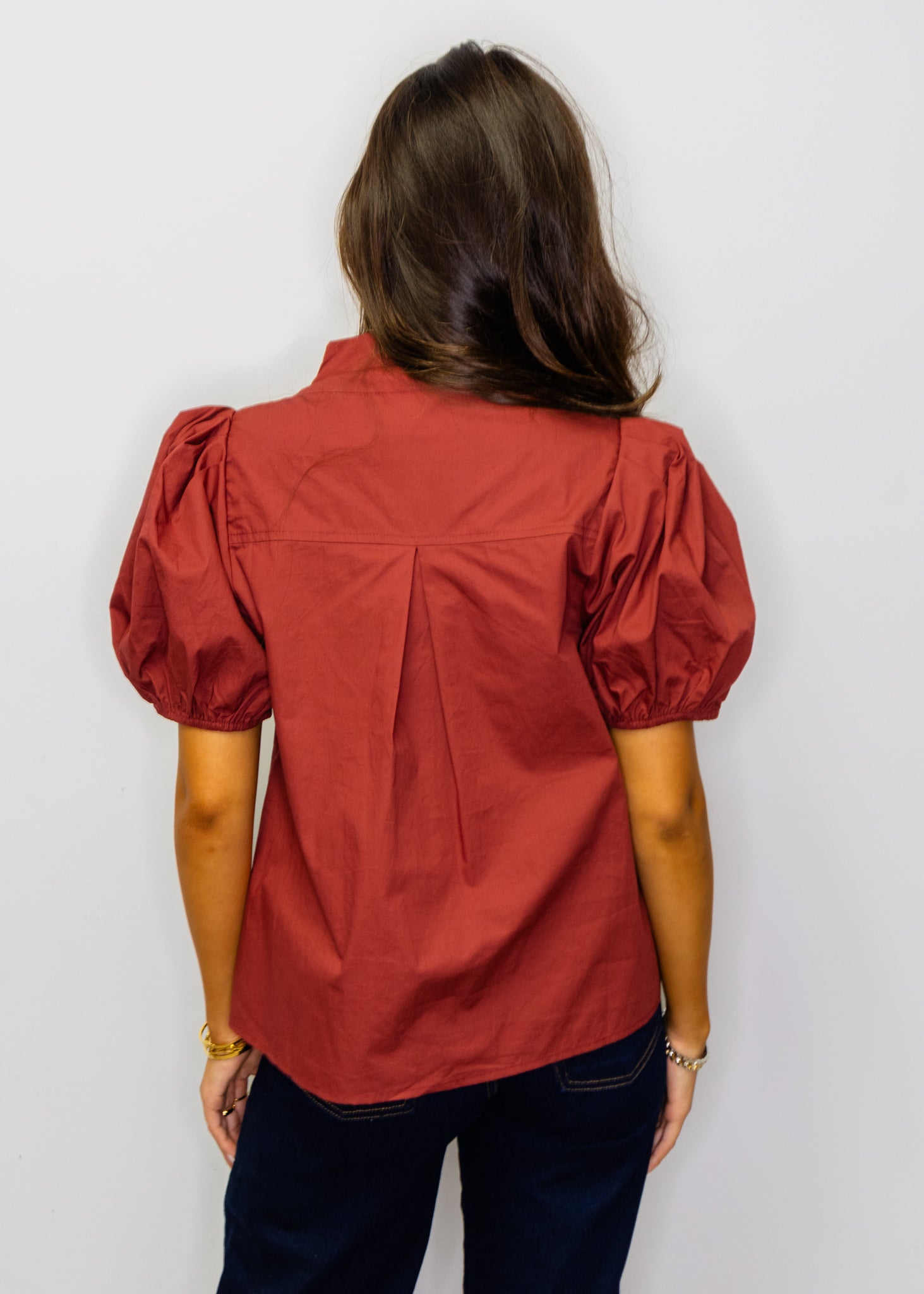 Cognac Solid Short Puff Sleeve Top