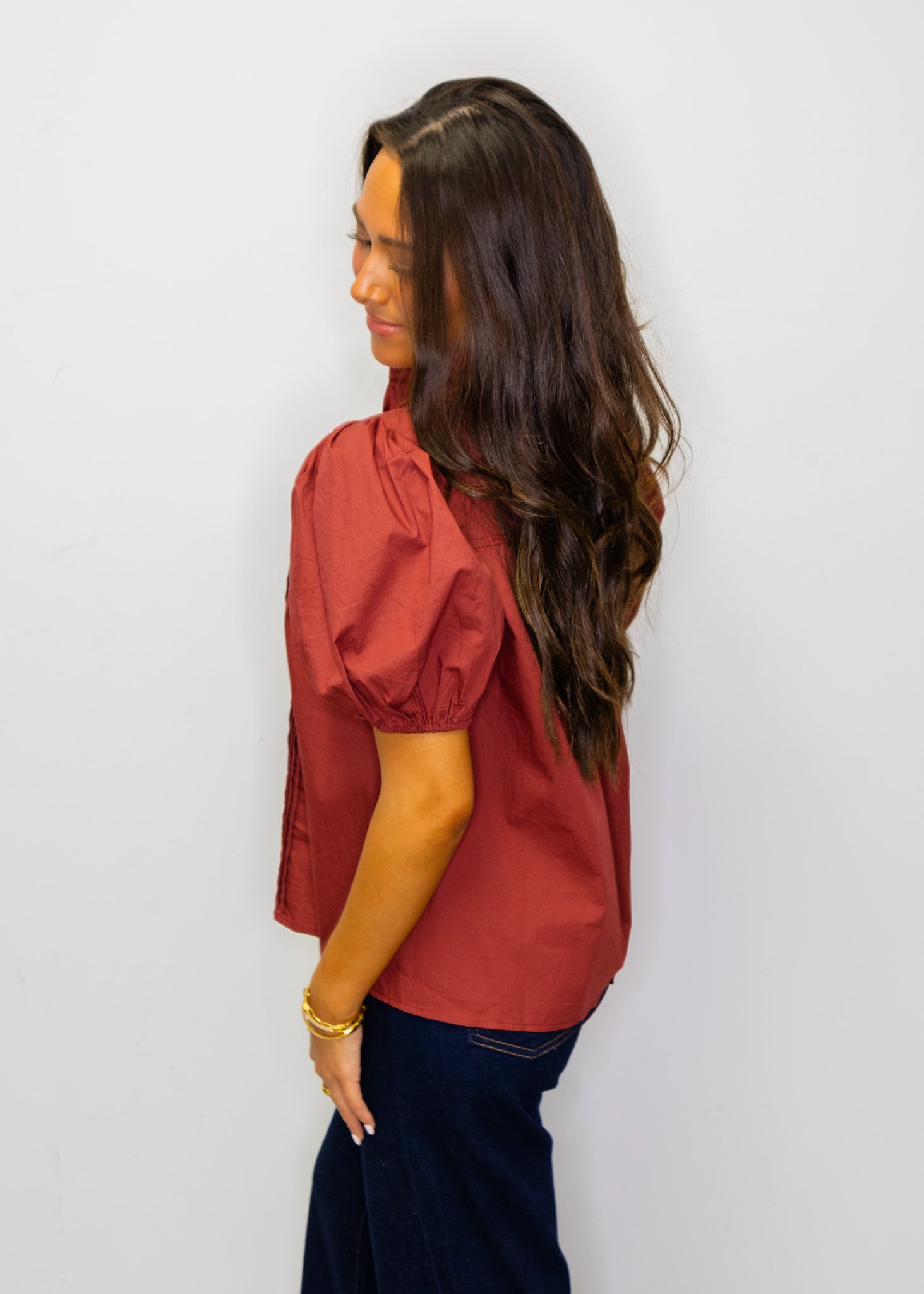 Cognac Solid Short Puff Sleeve Top