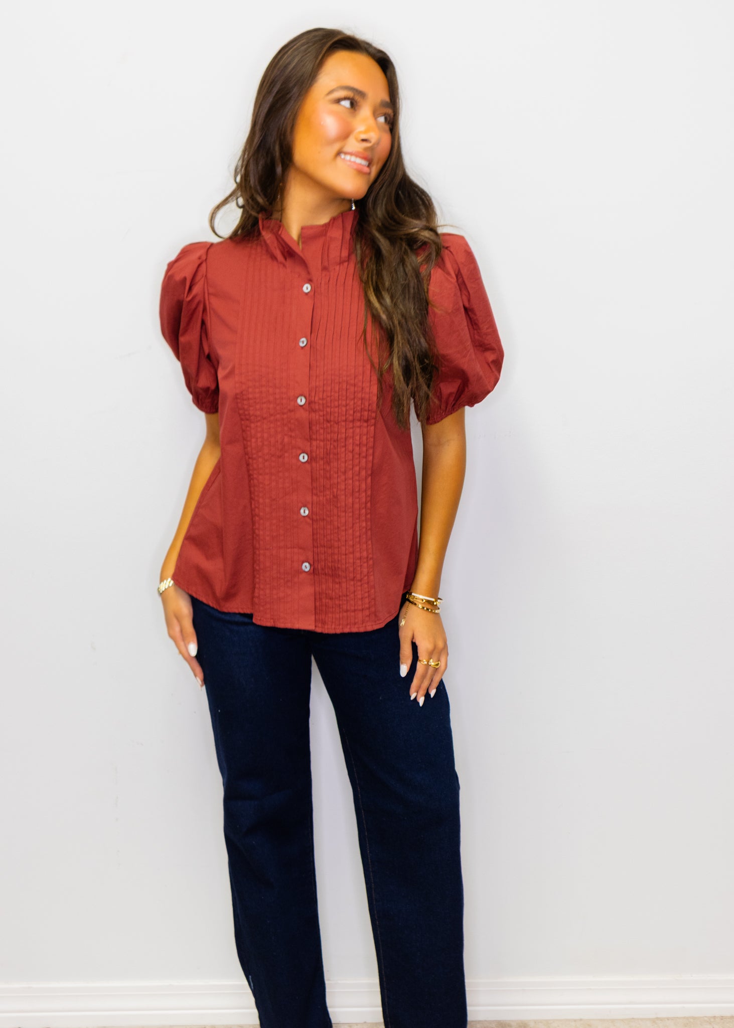 Cognac Solid Short Puff Sleeve Top