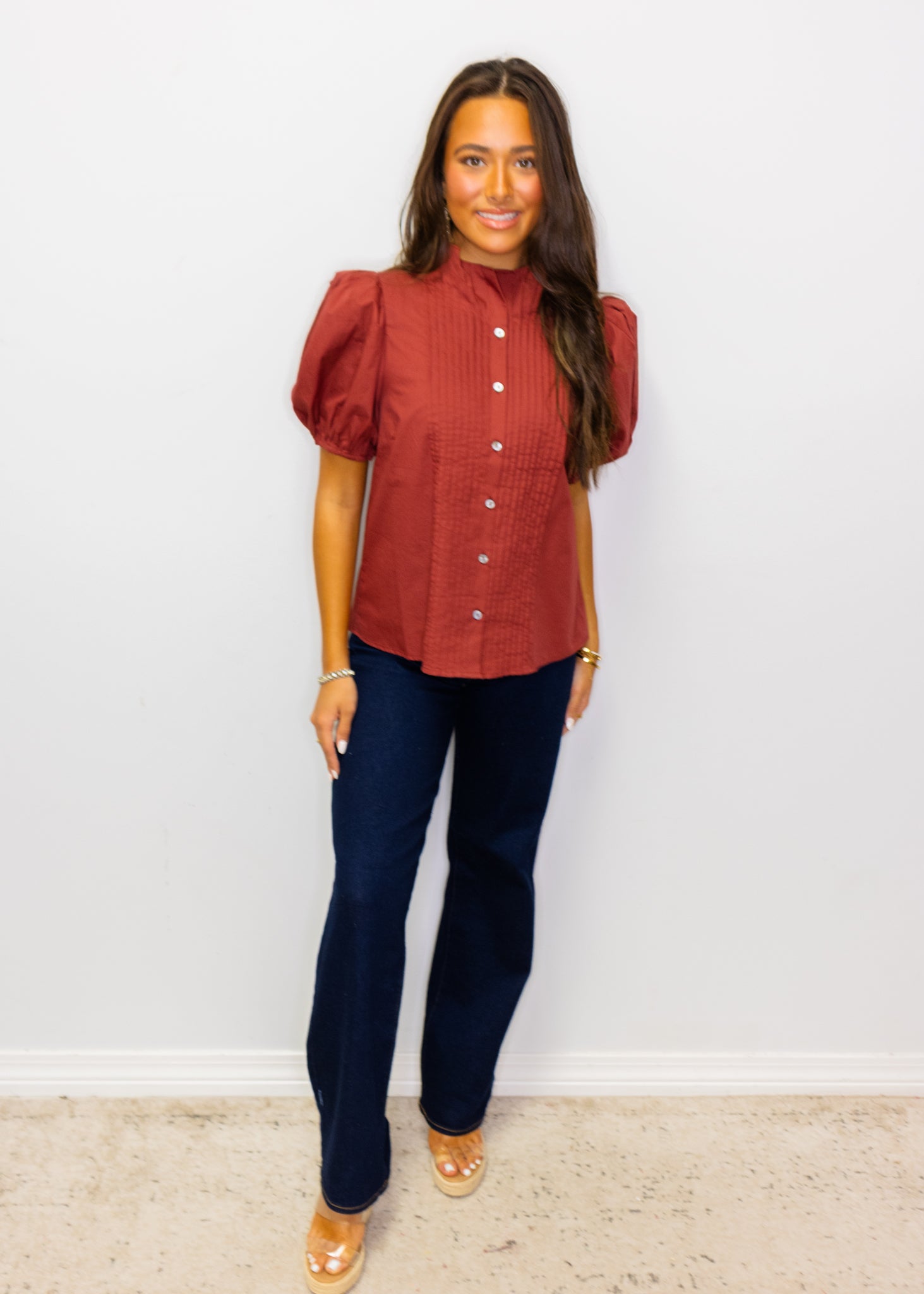 Cognac Solid Short Puff Sleeve Top