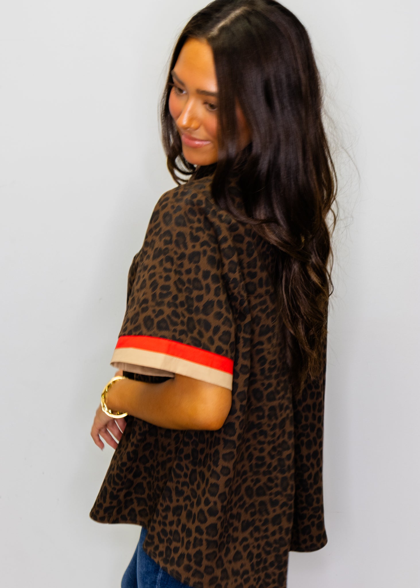 Brown Leopard Contrast Mock Neck Top