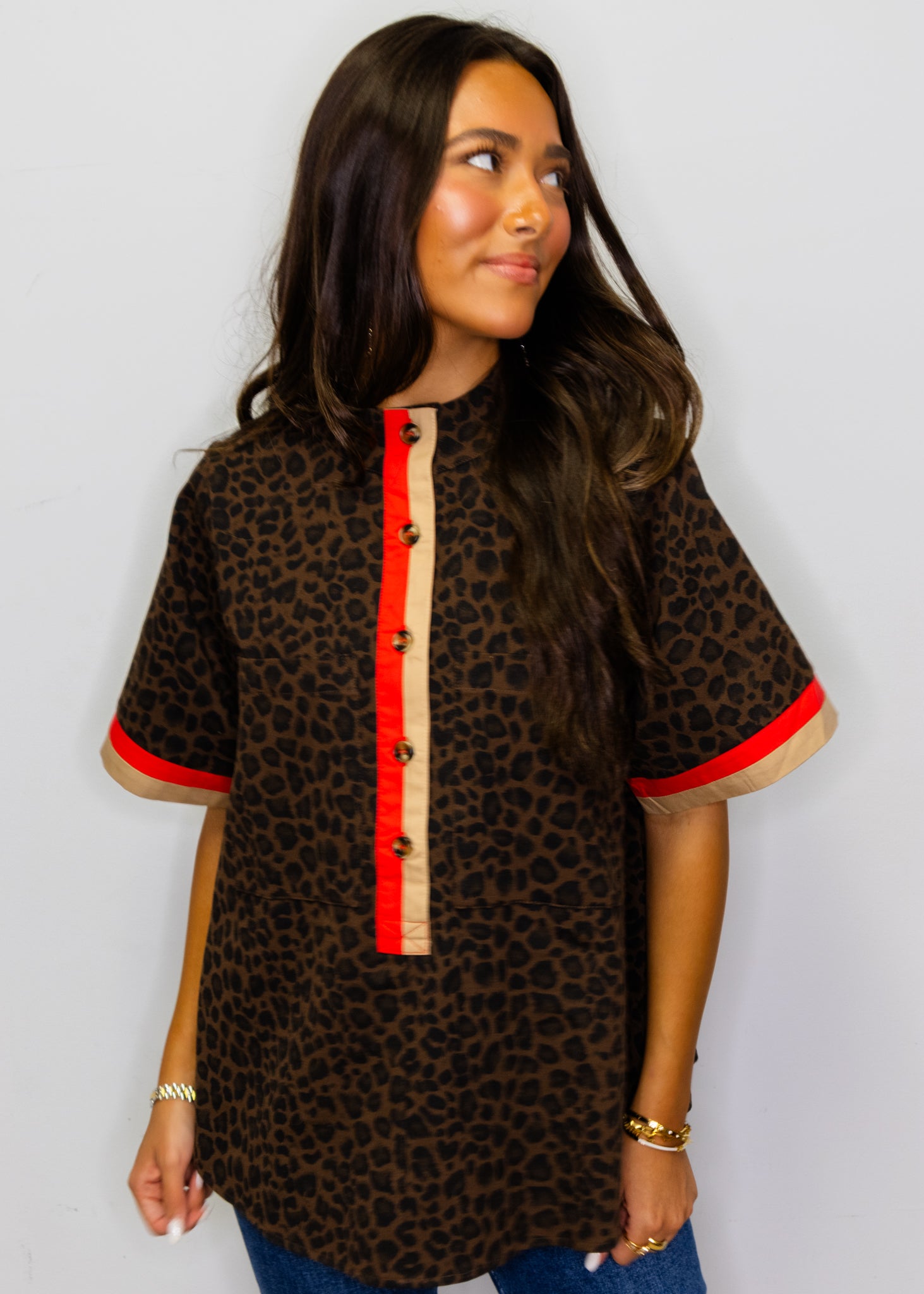 Brown Leopard Contrast Mock Neck Top