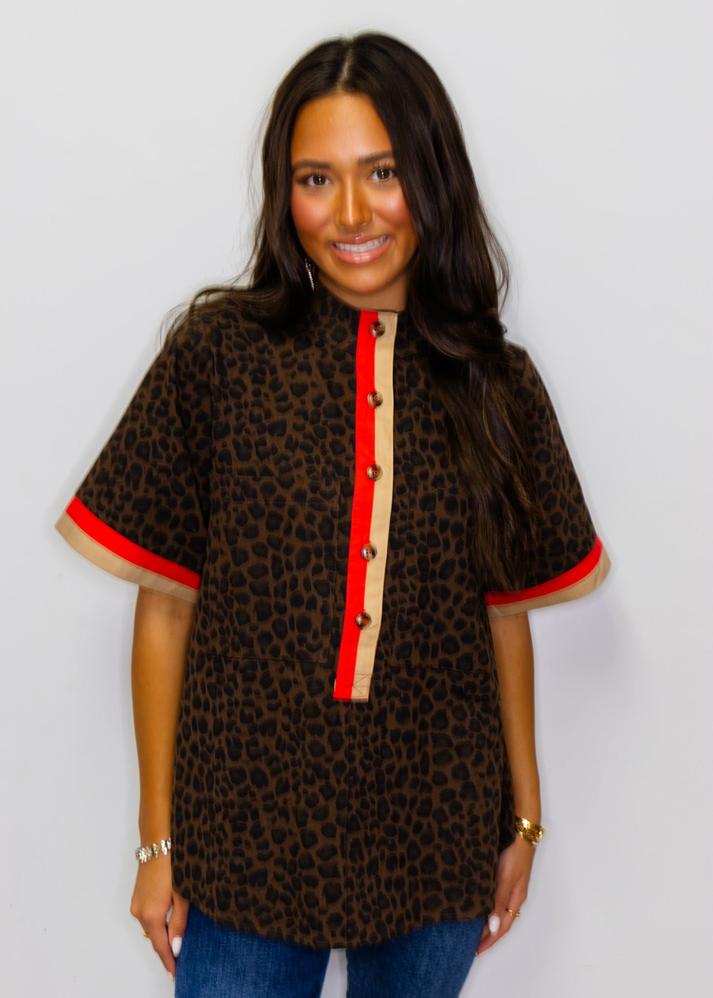 Brown Leopard Contrast Mock Neck Top