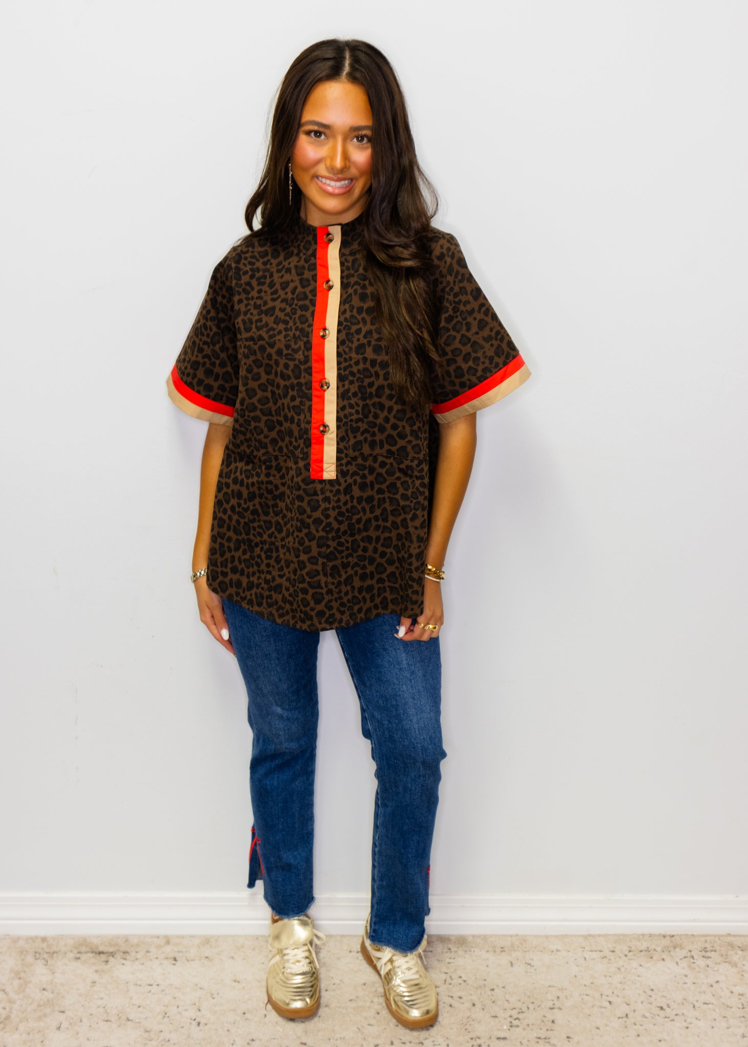 Brown Leopard Contrast Mock Neck Top