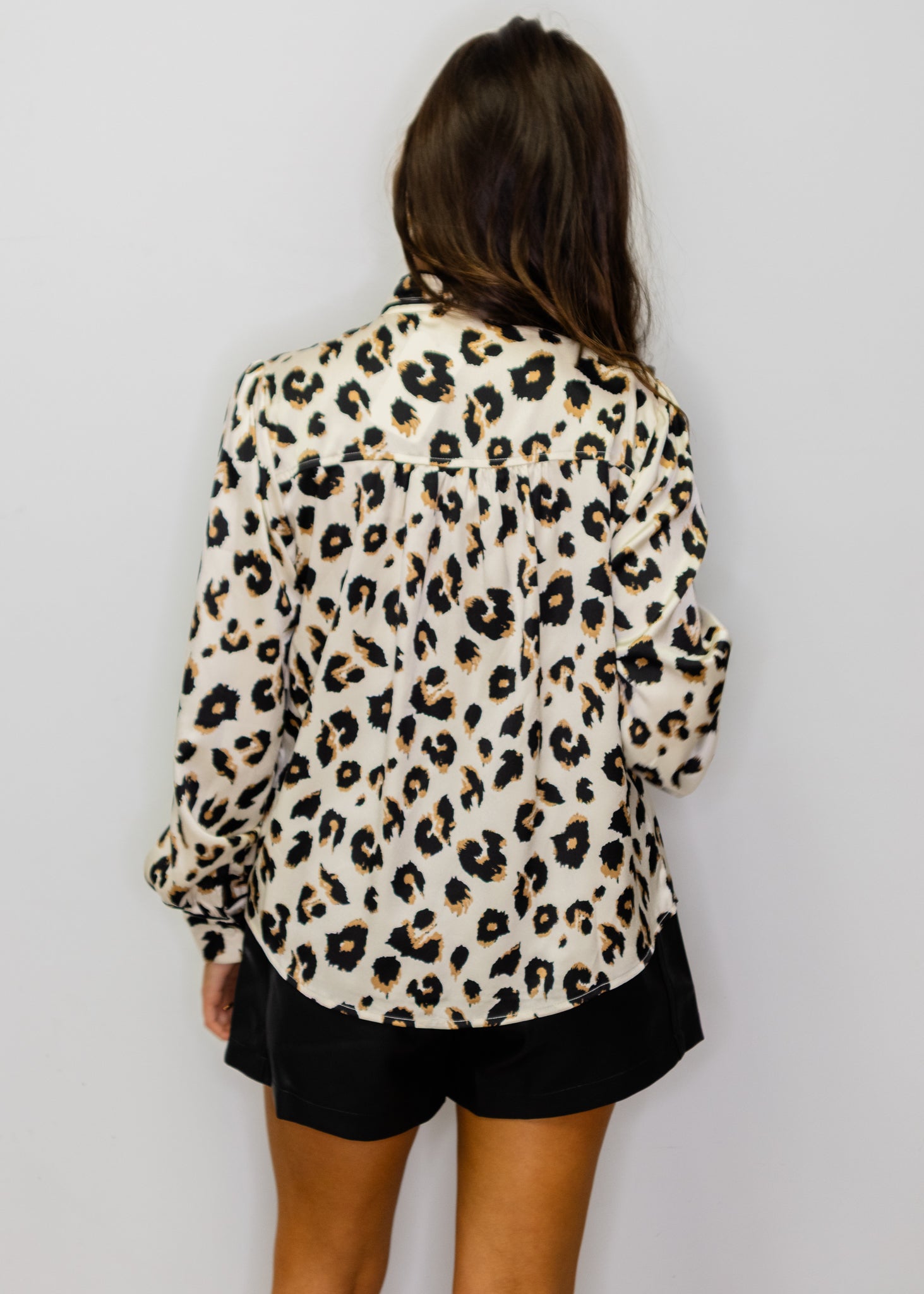 Leopard Satin Tie Button Top