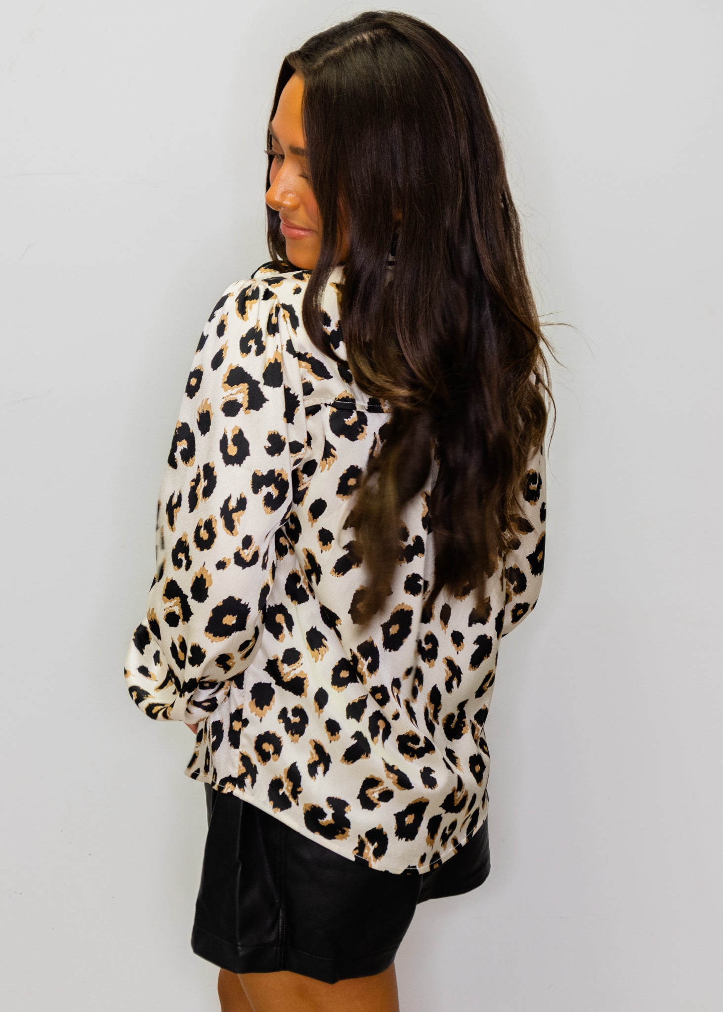 Leopard Satin Tie Button Top