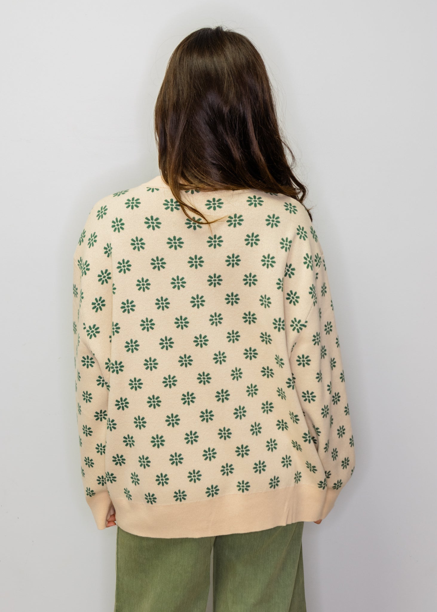Beige & Green Flower Print Feather Turkey Sweater