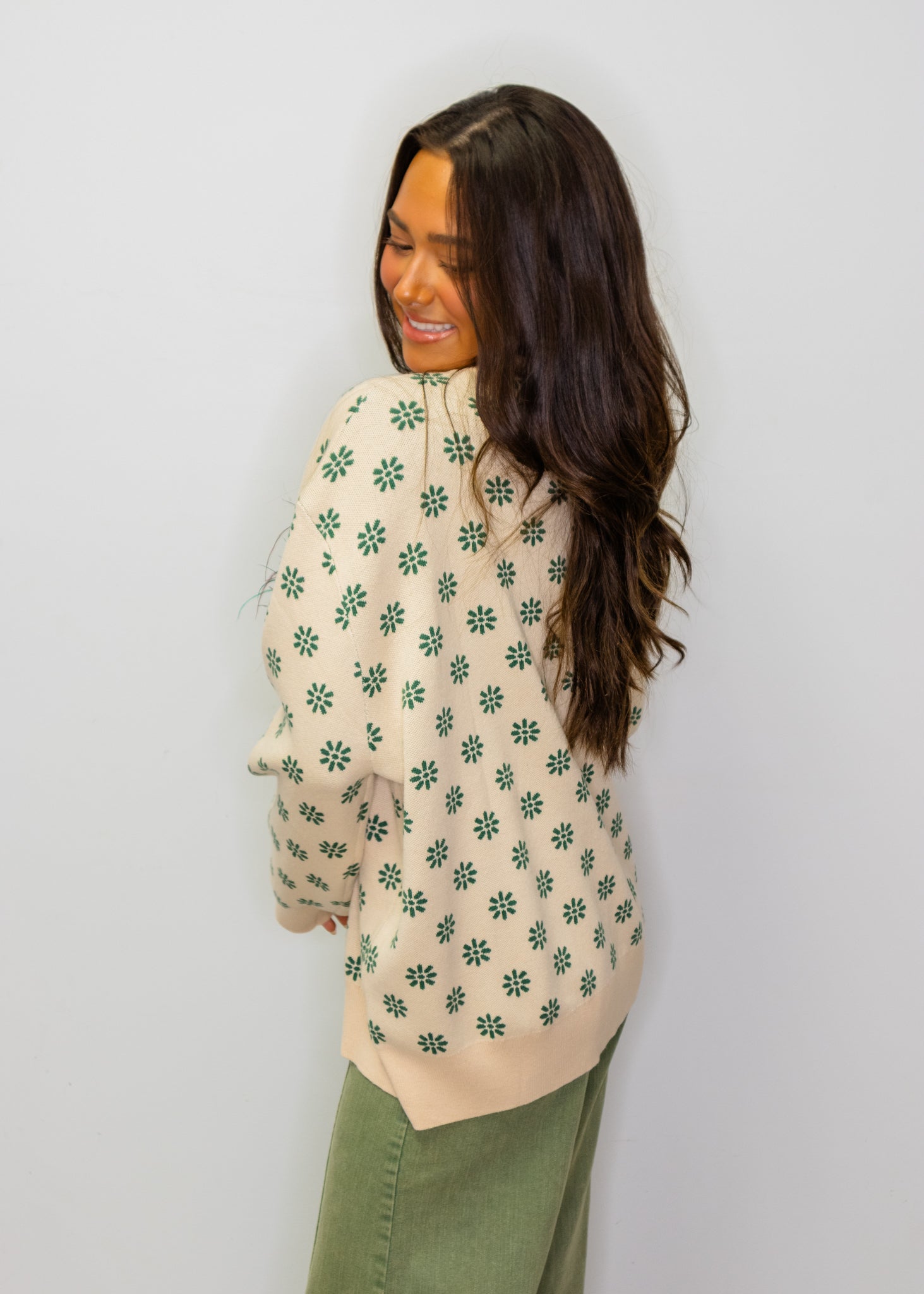 Beige & Green Flower Print Feather Turkey Sweater
