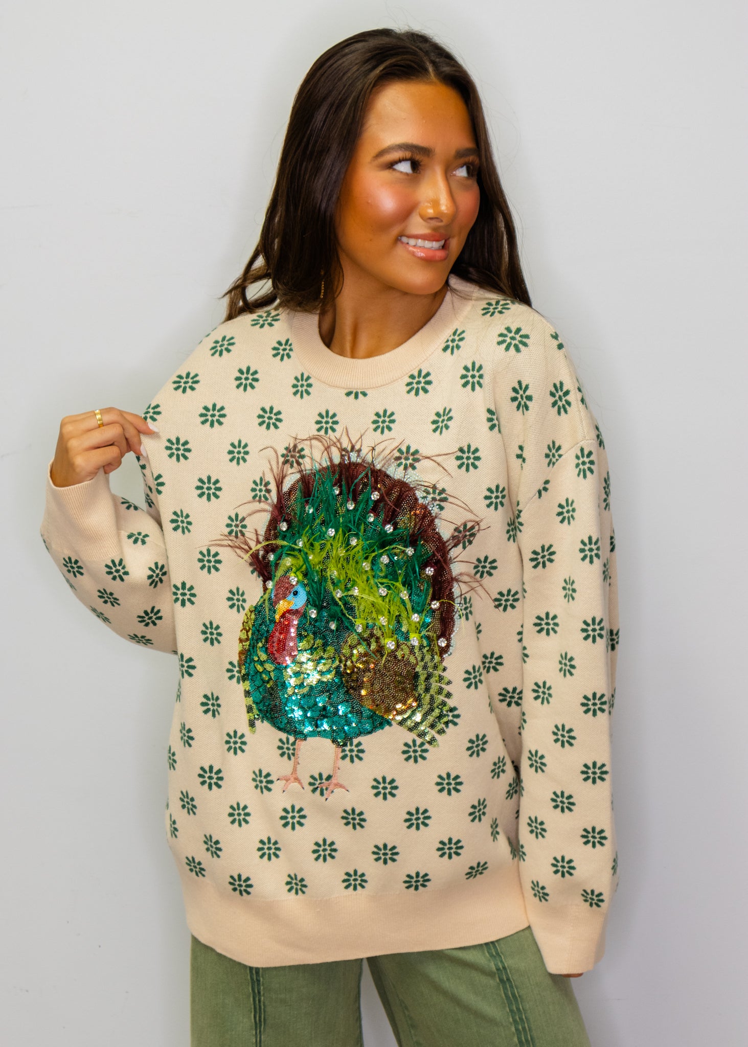 Beige & Green Flower Print Feather Turkey Sweater