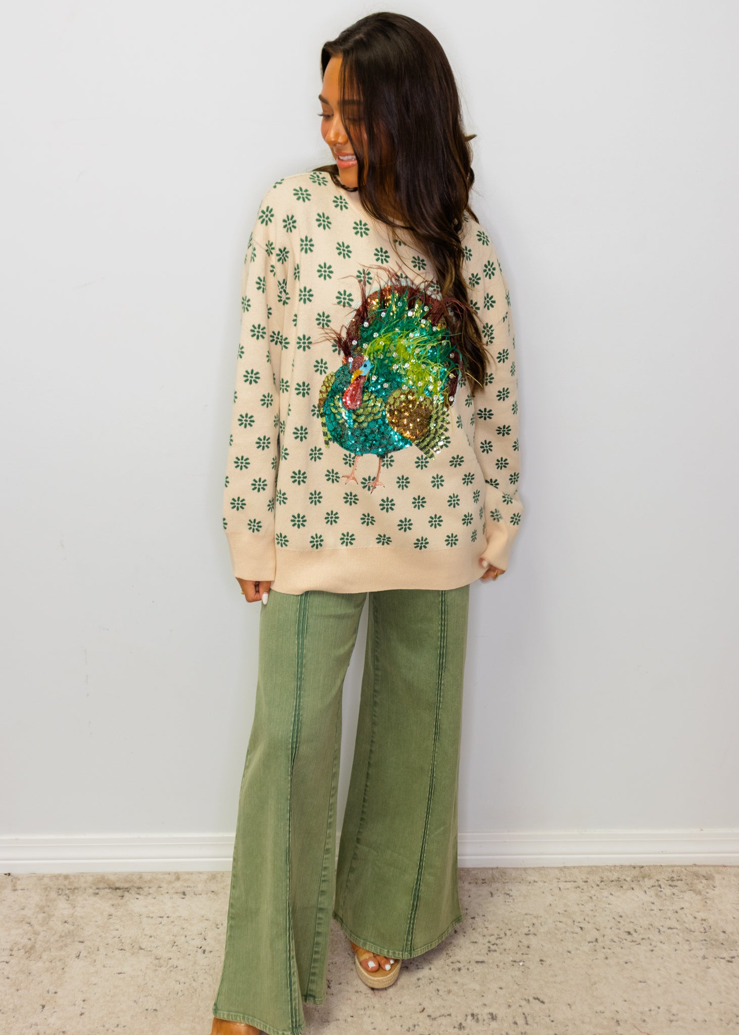 Beige & Green Flower Print Feather Turkey Sweater