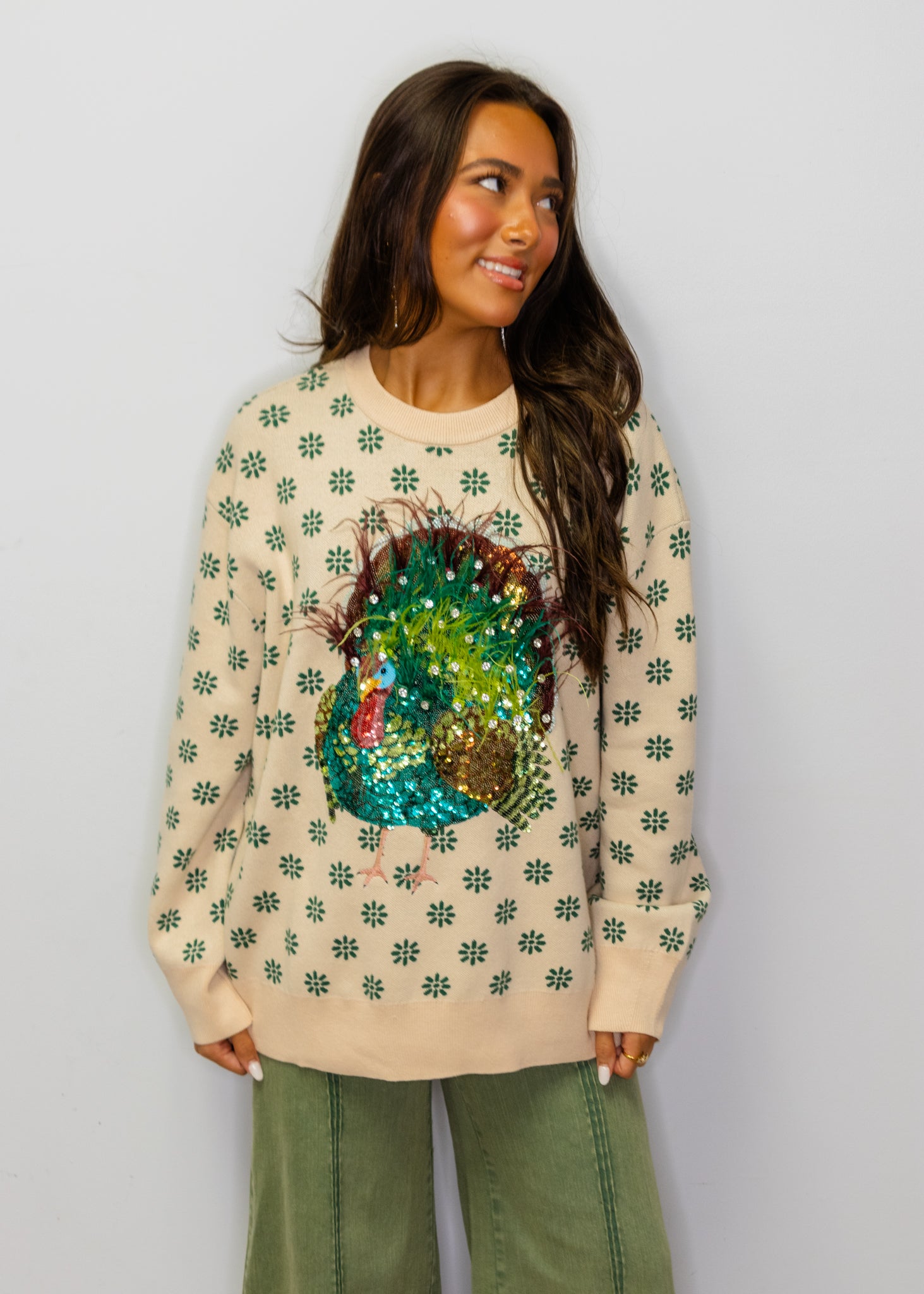 Beige & Green Flower Print Feather Turkey Sweater