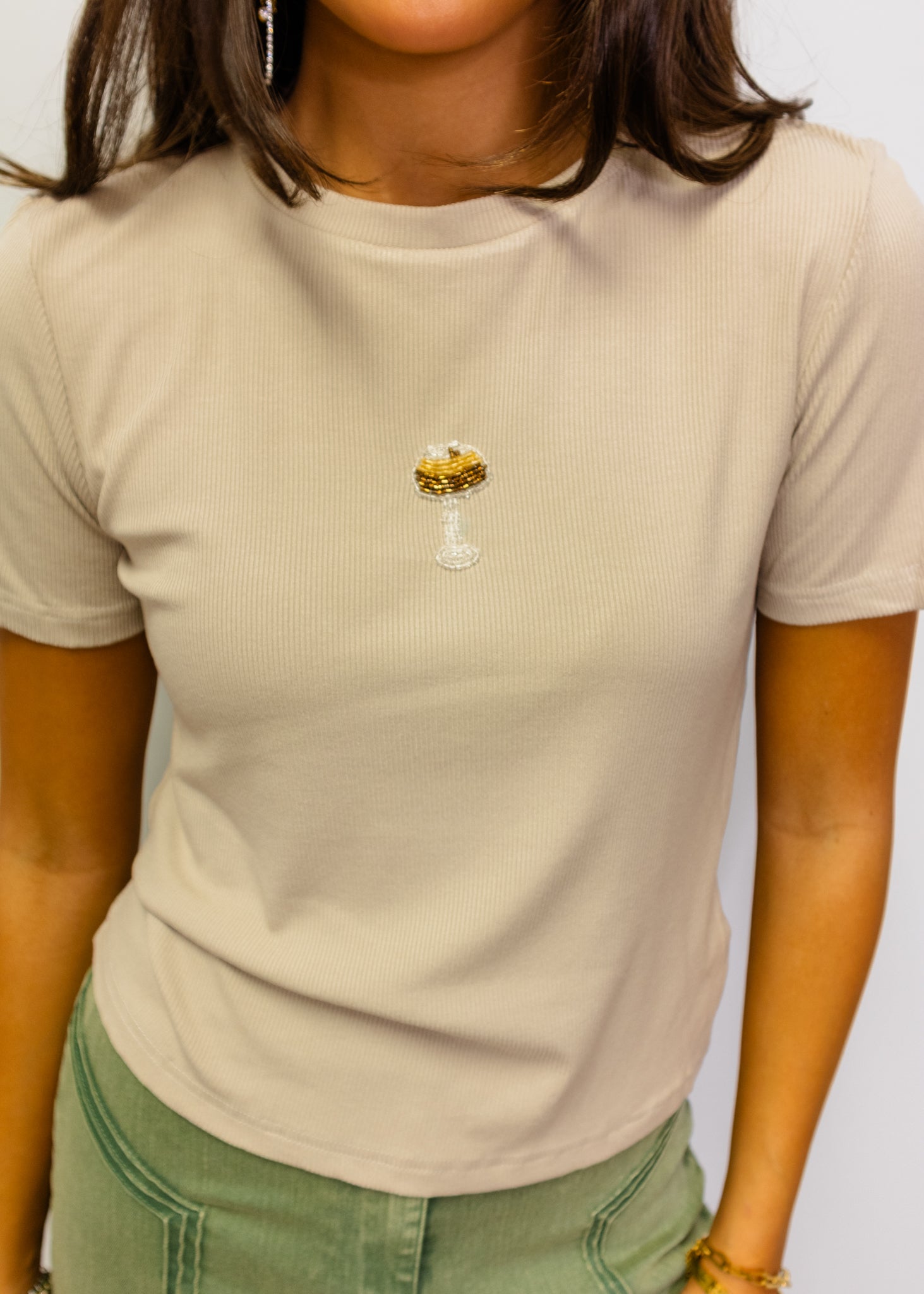 Beige Espresso Beaded Fitted Tee