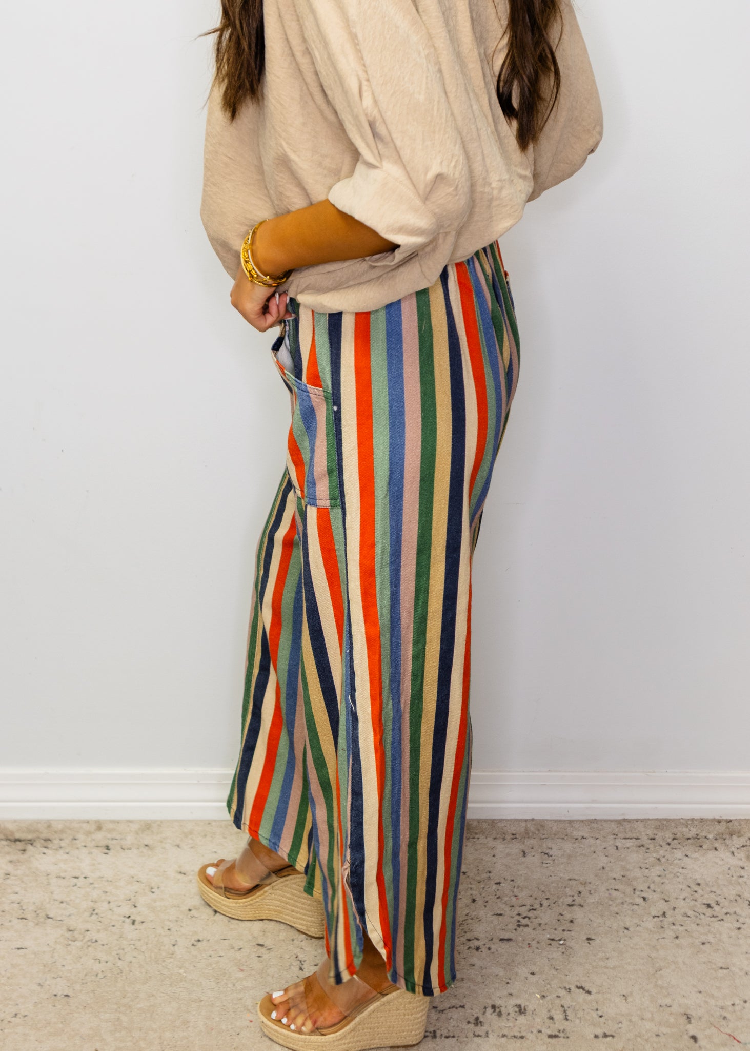Multi Stripe Tulip Cut Denim Pants