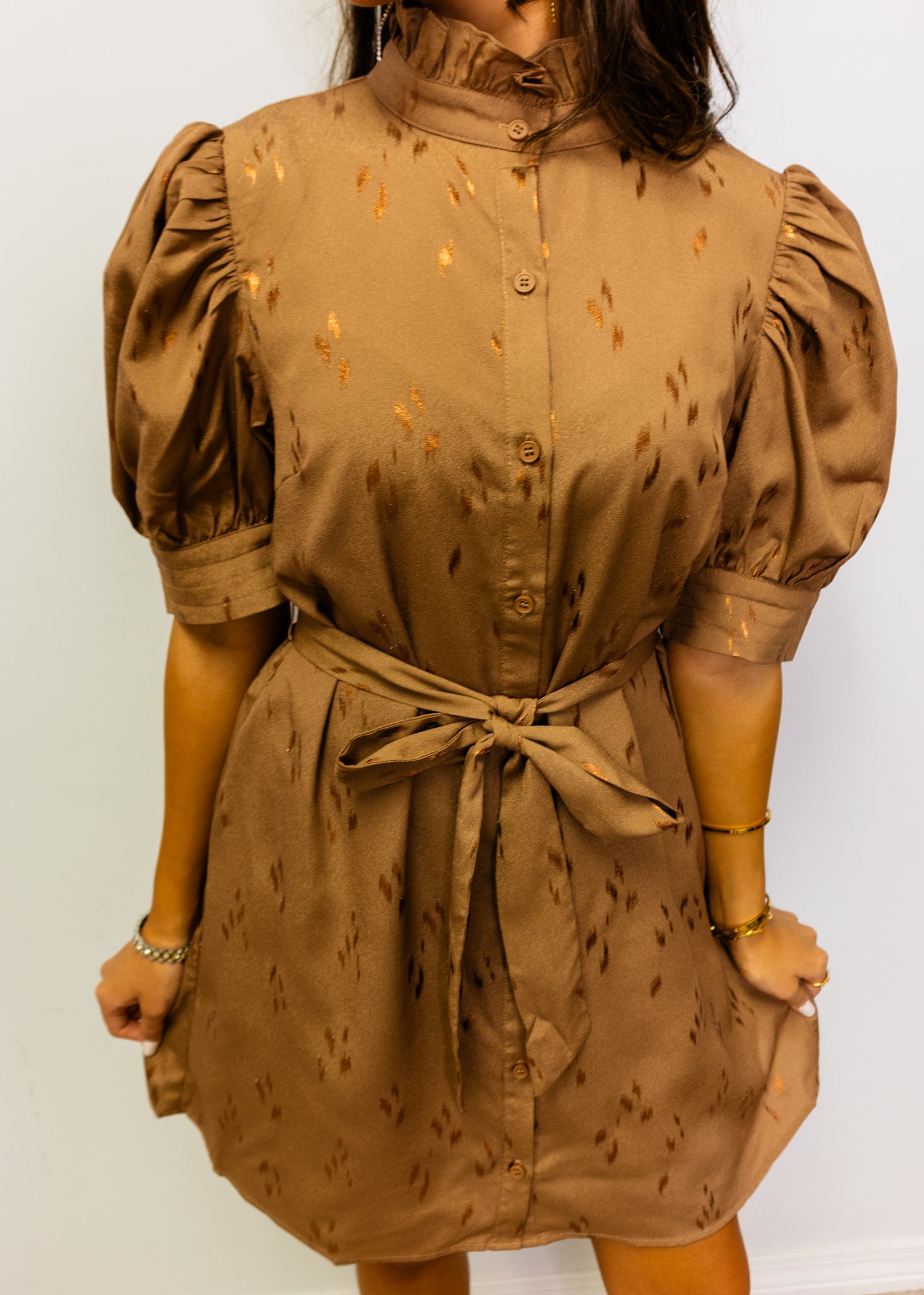 Mocha Ruffle Neckline Tie Dress