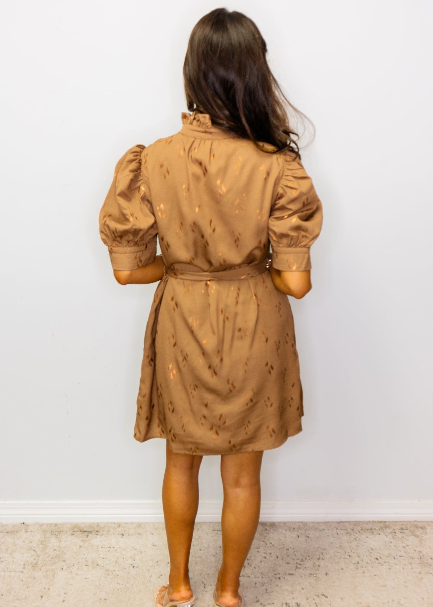 Mocha Ruffle Neckline Tie Dress