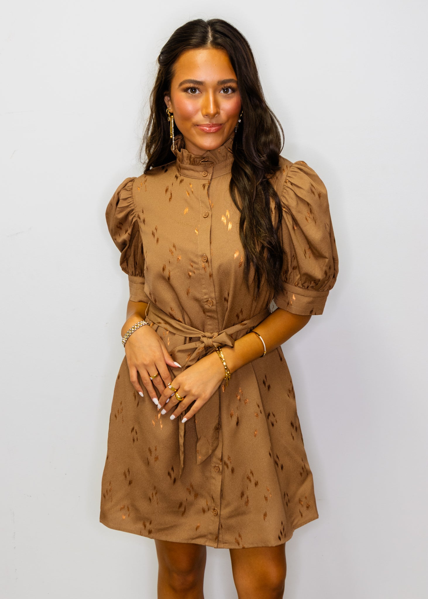 Mocha Ruffle Neckline Tie Dress
